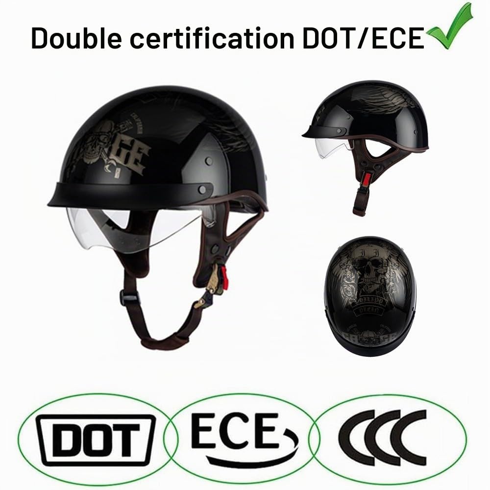Casques Jet, Demi-Casque Moto Vintage Homologué ECE, Rétro Casques Bols avec Pare-Soleil et Boucle à Dégagement Rapide Réglable, Casque Ouvert pour Scooter Vélo Cruiser 57~64cm
