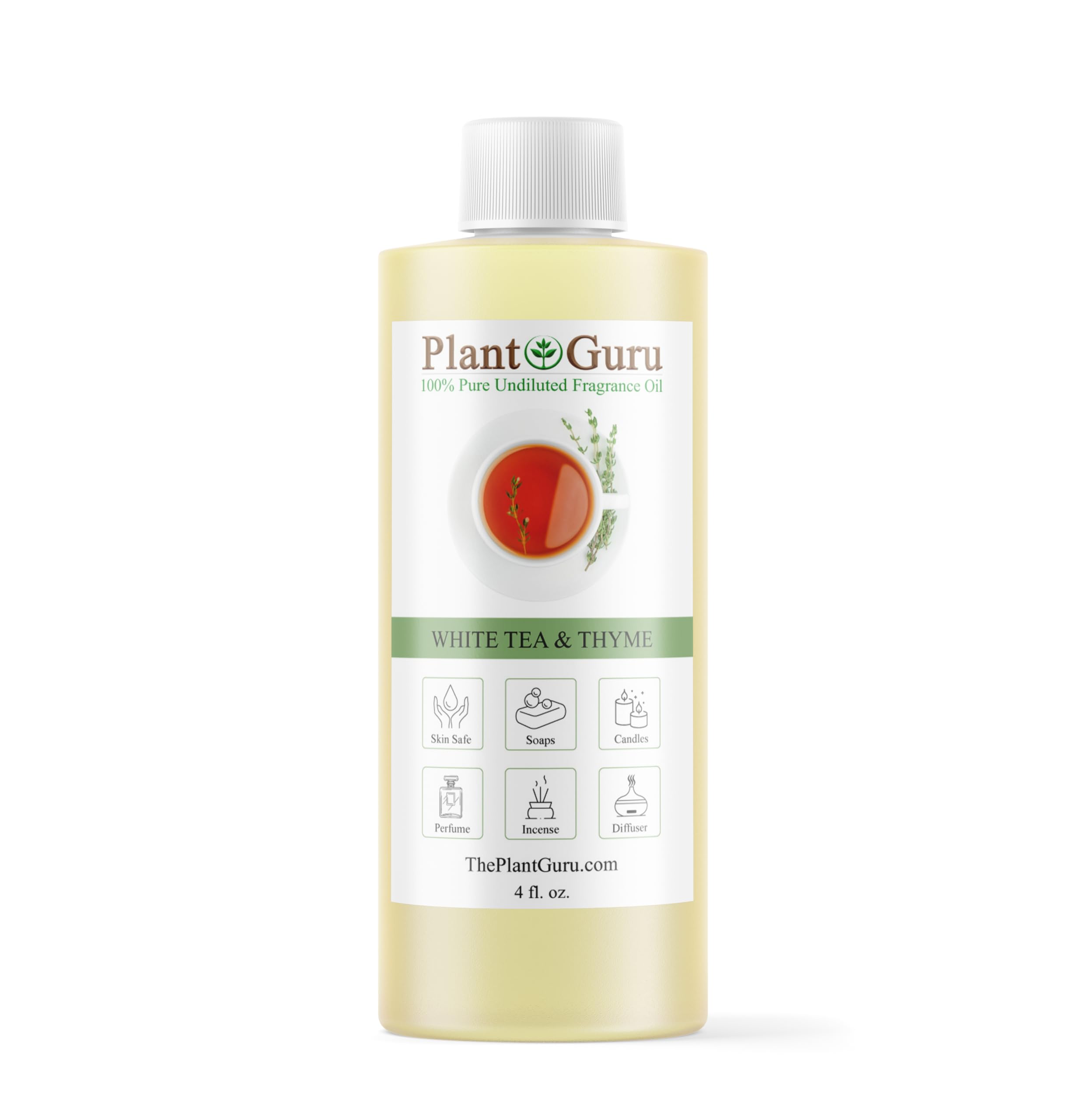 White Tea & Thyme Fragrance Oil 4 fl. oz. Scented Oil for DIY Soap Making, Candles, Bath Bombs, Body Butters. Used In Aromatherapy Diffusers, Burners and Warmers. Great Addition To Lotions and Creams.