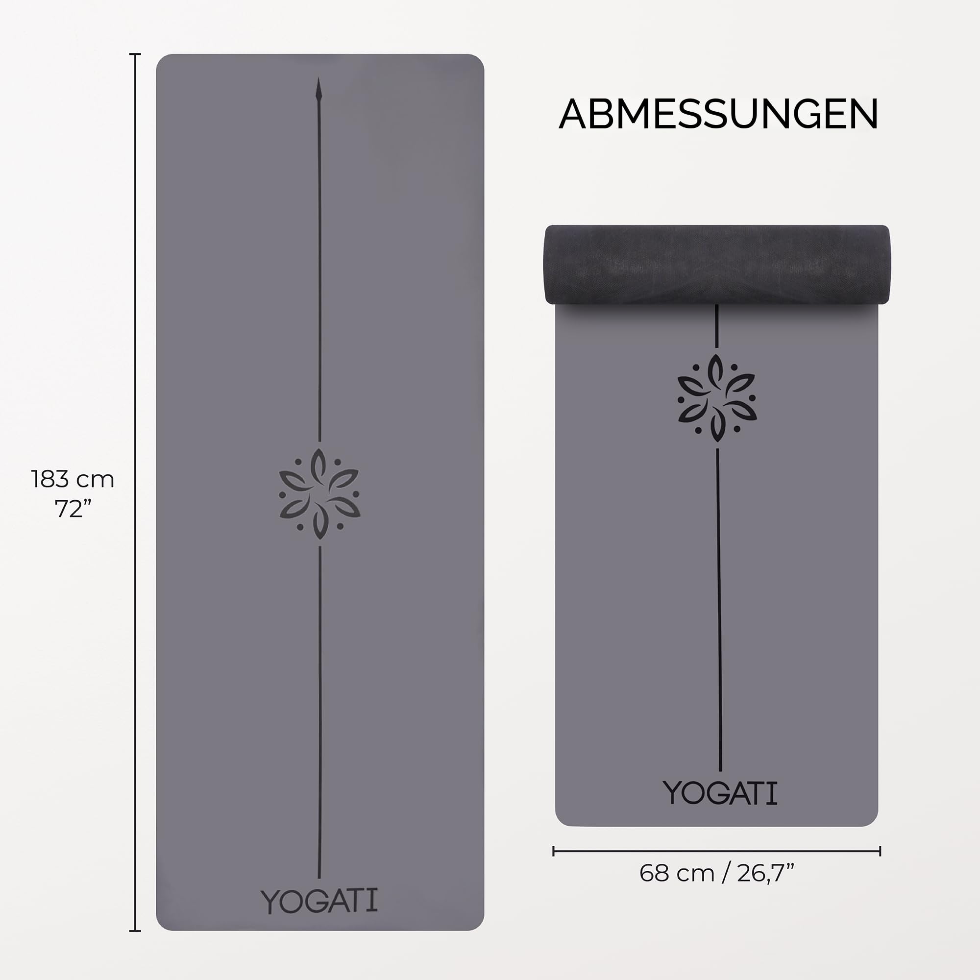 YOGATI® Yogamatte rutschfest Naturkautschuk mit Tasche - Yoga Matte groß mit Markierung, Sportmatte breit, Ideal für Fitness, Pilates und Gym Workout, Fitnessmatte Rutschfest für Damen
