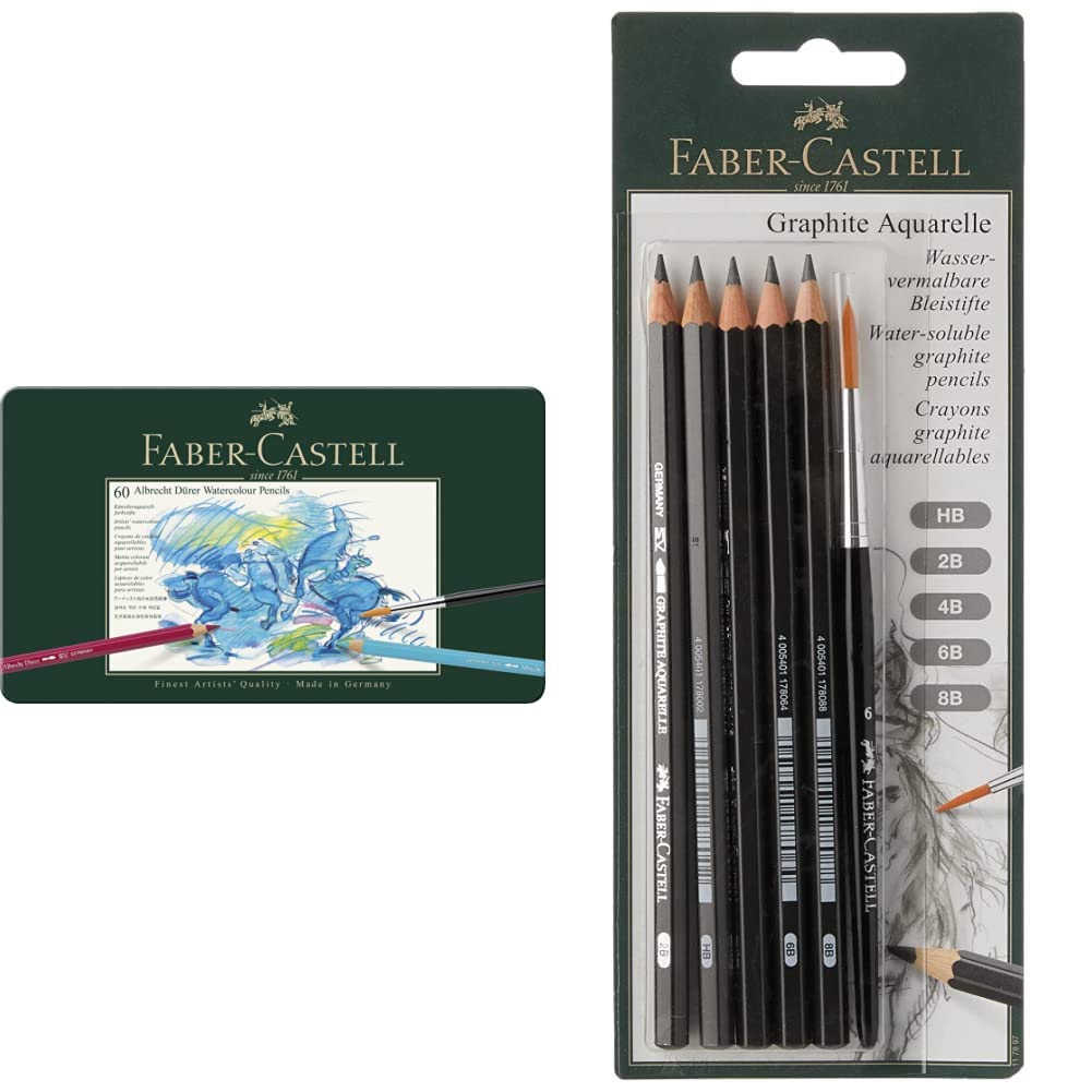 Faber-Castell 117560 Estuche de metal con 60 ecolápices acuarelables, multicolor + 117897 Blíster con 5 ecolápices, de grafito acuarelables, para artistas Graphite Aquarelle