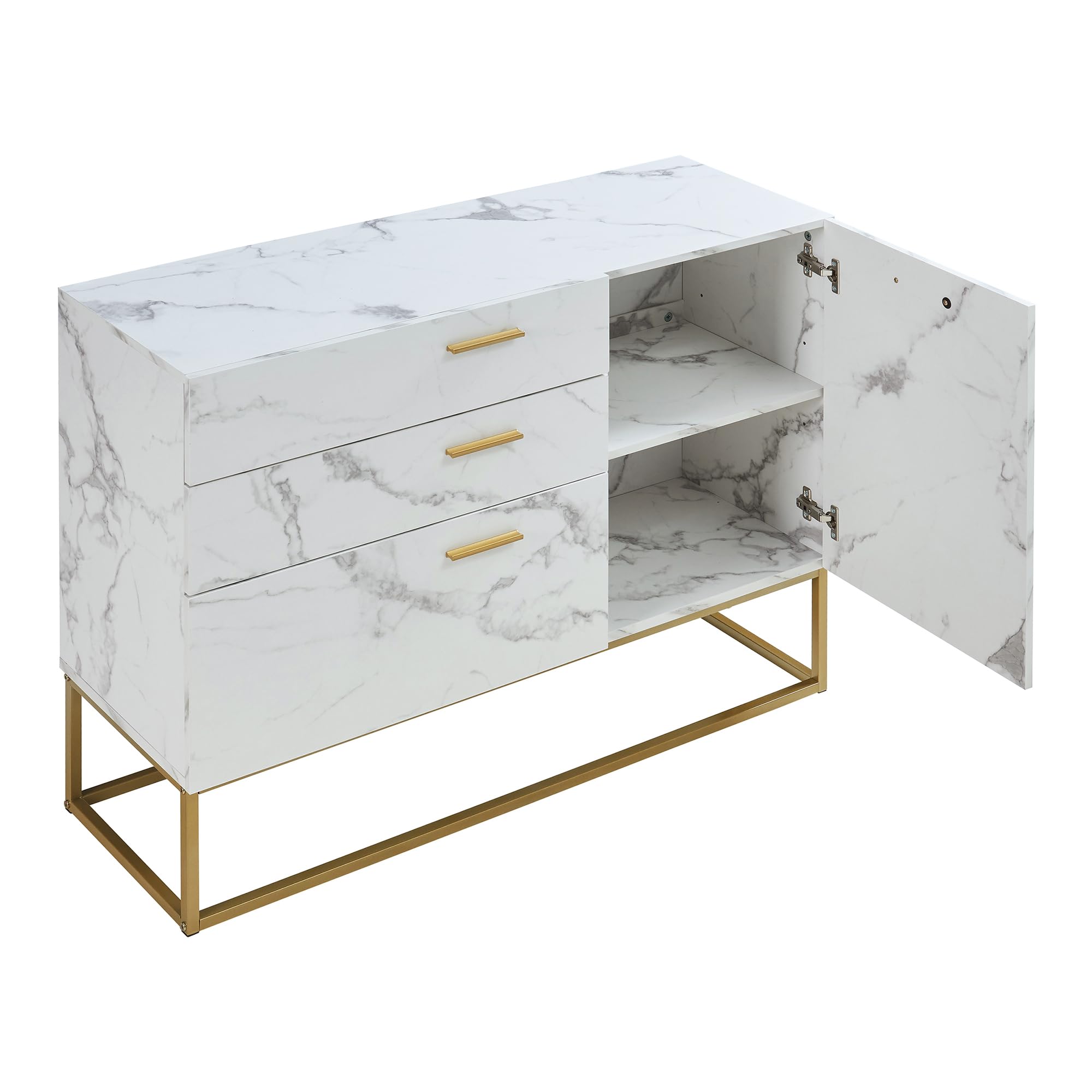 [en.casa] Comò con Anta e 3 Cassetti Armadio Basso Mobile Contenitore per Soggiorno Ingresso con Telaio in Metallo 75 x 100 x 35 cm Dorato/Effetto Marmo Bianco