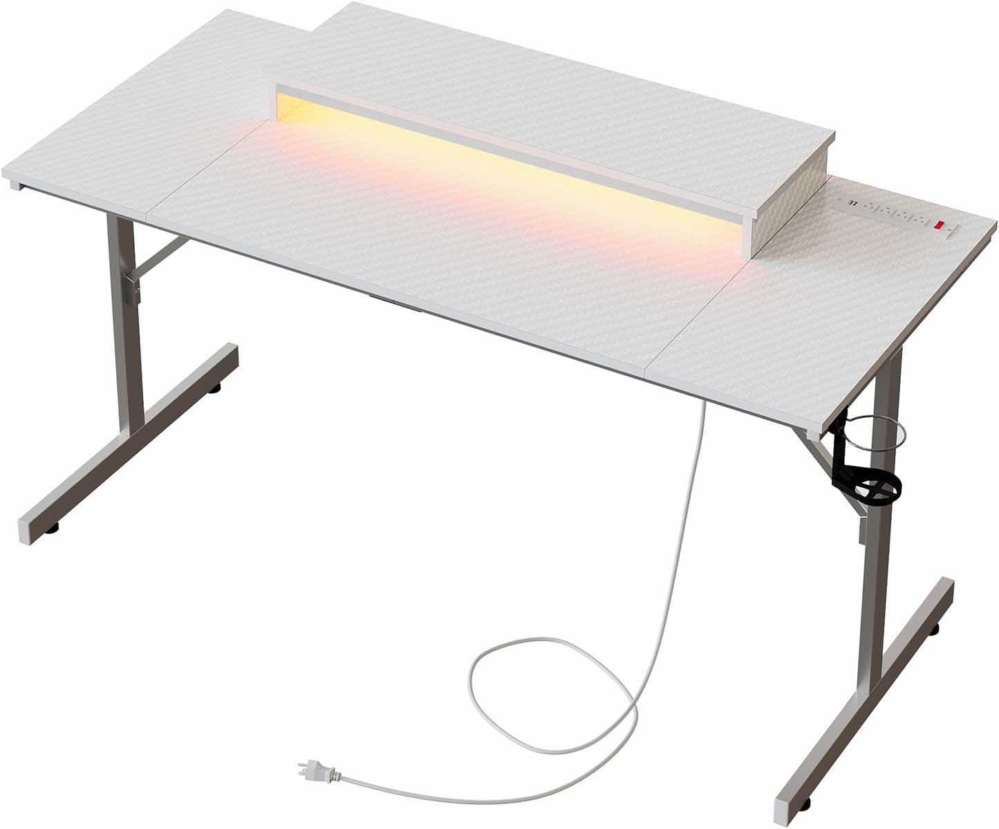 Bestier 52 inch Gaming Desk with Power Outlets and USB Charging Ports, Computer Desk with LED Lights and Monitor Stand, Gamer Desk for Home Office, Easy to Assemble, Carbon Fiber White