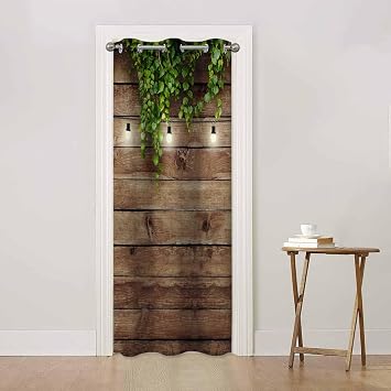 Wooden Board Door Curtain Garland Lamps Green Leaves Doorway Curtain Blackout for Bedroom Living Room,34x80 Inch 1 Panel