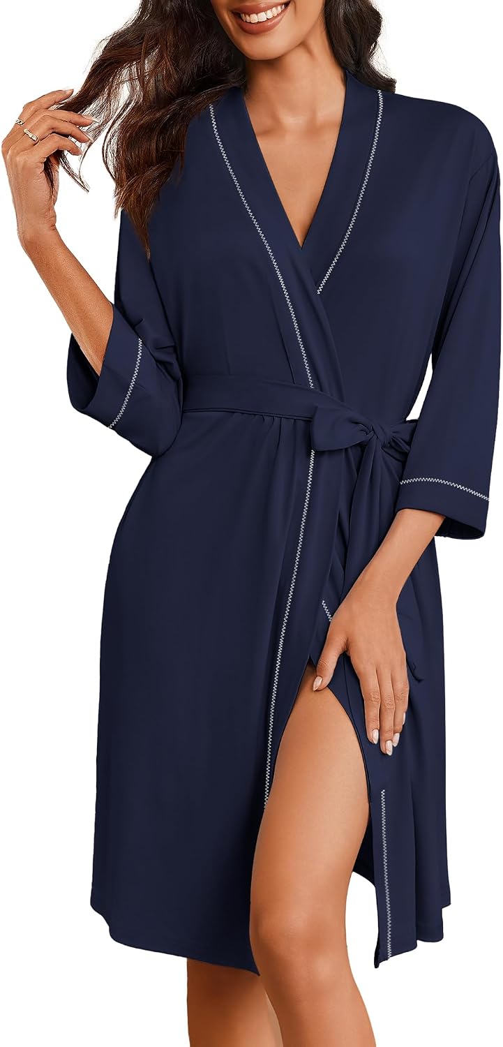 Ekouaer Robes for Women Knee Length Bathrobe Lightweight Kimono Robe 3/4 Sleeve Loungewear Soft Sleepwear with Pockets S-XXL