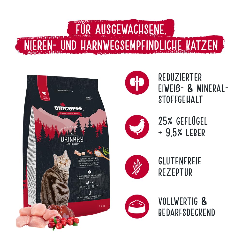 Chicopee Holistic Nature Line | Adult Urinary | Katzenfutter trocken | Geflügel & Leber | Unterstützt Harnwege | ohne glutenhaltiges Getreide | Inspiriert von der Natur Kanadas | 8 kg