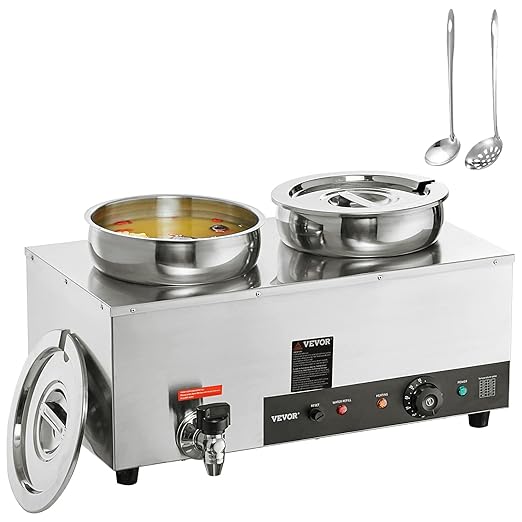 VEVOR Electric Soup Warmer, Dual 7.4QT Stainless Steel Round Pot, 1200W Commercial Food Warmer, 86~185°F Adjustable Temp, Bain Marie Warmer with Anti-Dry Burn and Reset Button, for Restaurant, Buffet