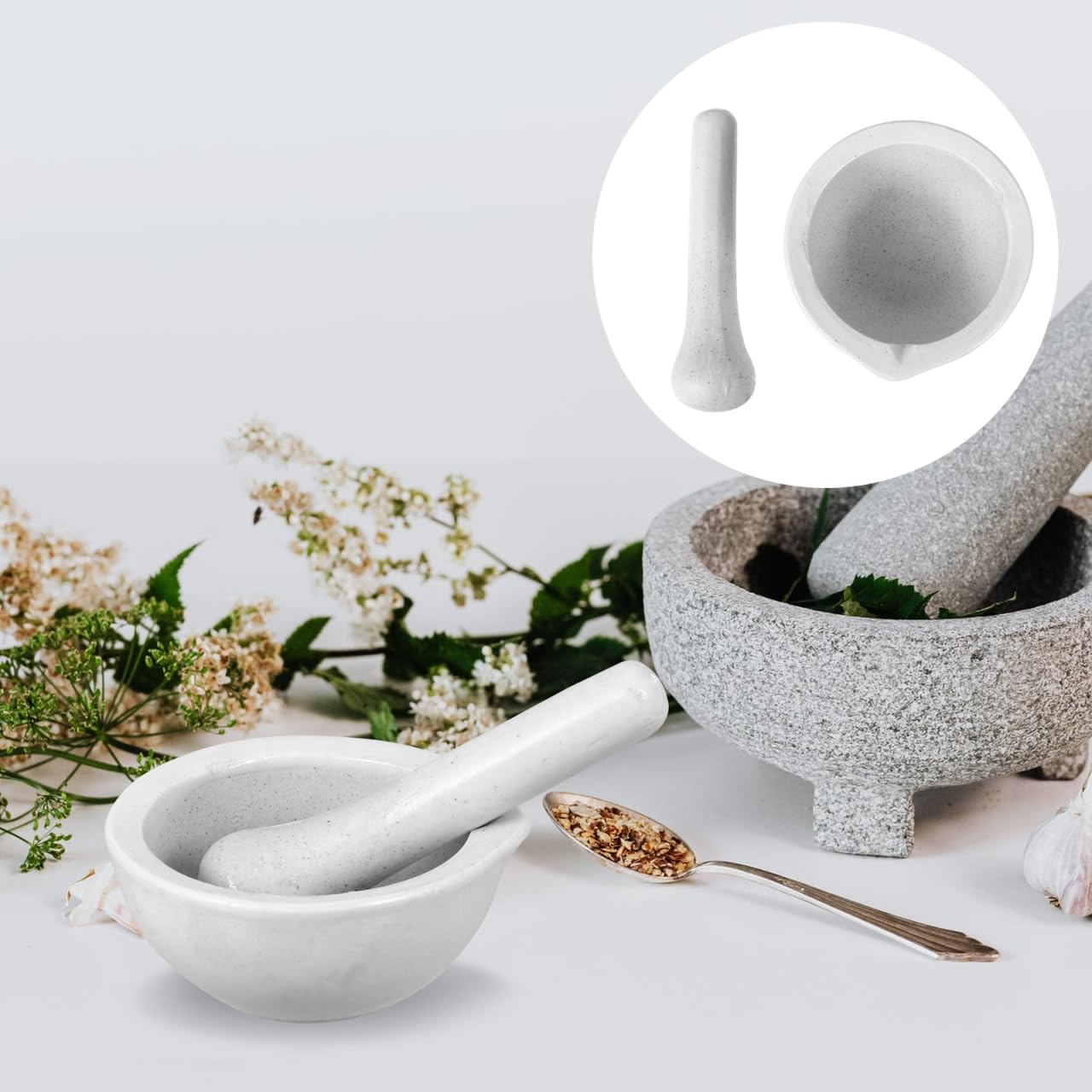 Cabilock Mörser mit Stößel aus Porzellan, Ø 7.5cm Kleiner Tablettenmörser Set für Medikamente, Pillenzerkleinerer und Gewürze, Ergonomische Reibschale für Küche, Labor und Schluckhilfe, Weiß