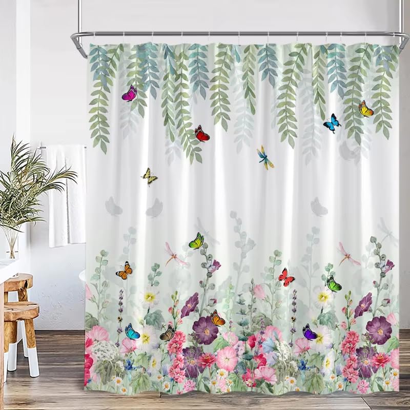 Rideau de douche à motifs floraux papillons et feuilles vertes pour salle de bain