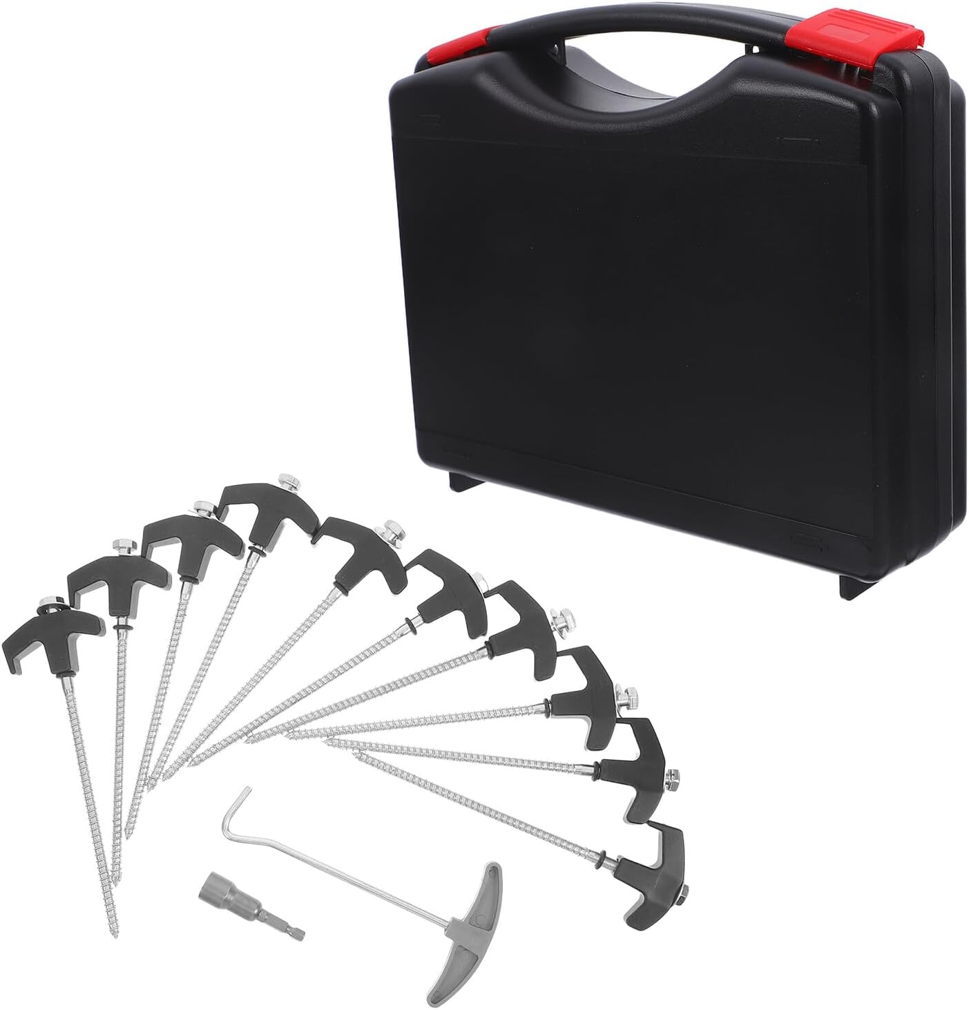 Camping Tent Stakes Set – M8 Carbon Steel Spiral Screw Pegs with Portable Plastic Head, 10pcs 8x200mm Black Metal Tent Nails with Gray Remover Tool and Storage Box for Outdoor