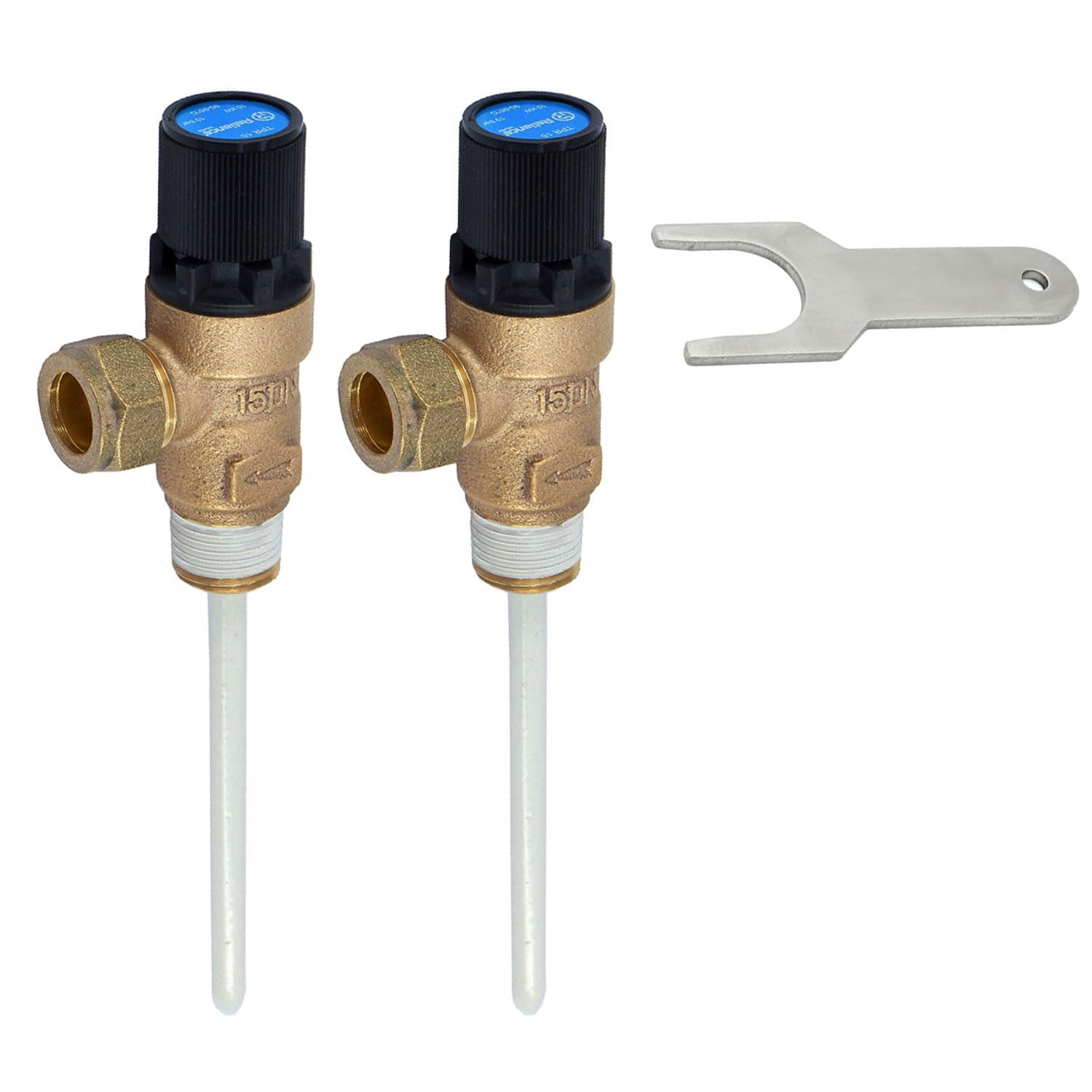 Unvented Components Europe Brass, Black, Blue, Silver 2 X Reliance – 10 Bar Tpr15 Pressure And Temperature Relief Valve 90-95°C + Tpr Service Key