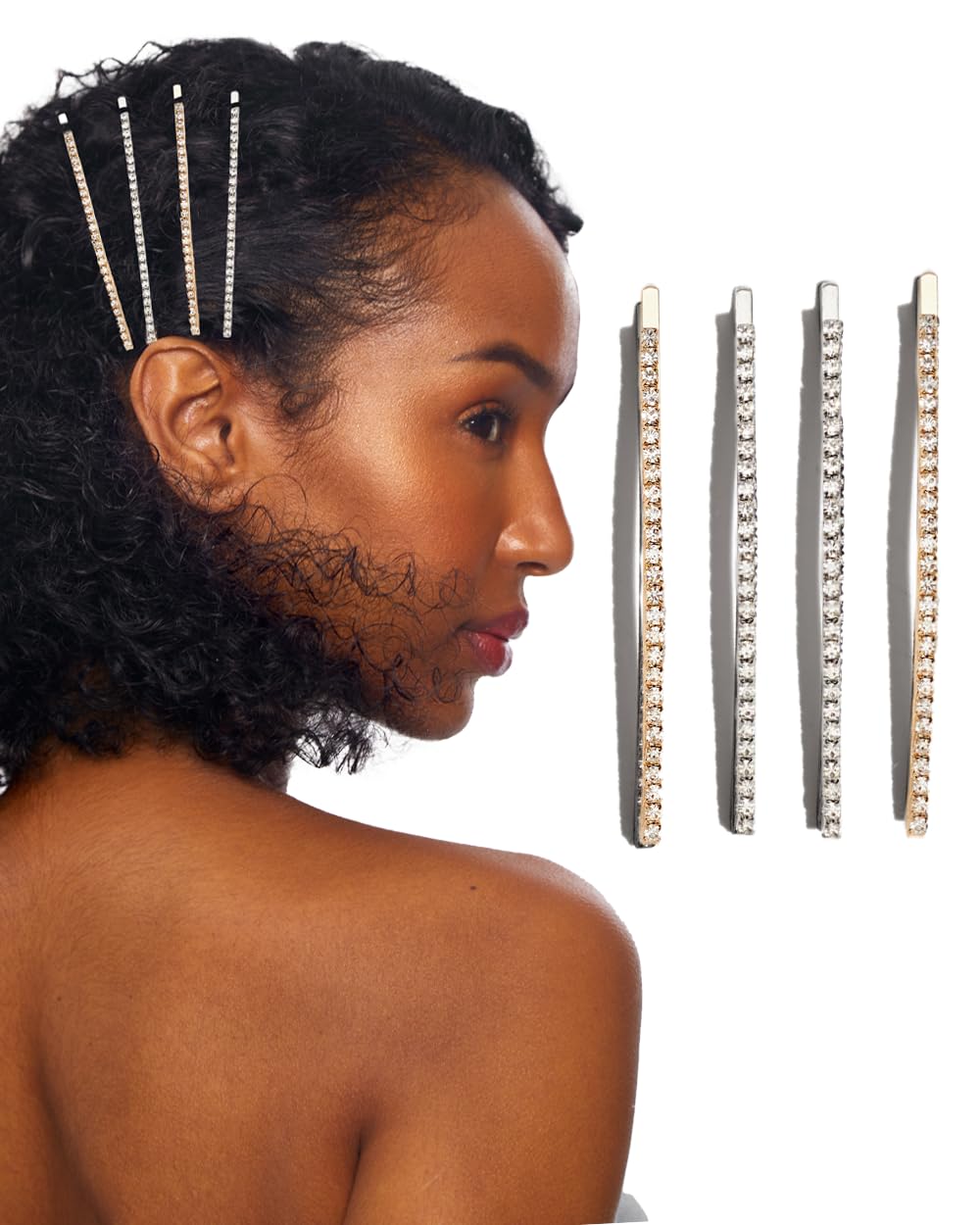Kitsch Rhinestone Bobby Pins for Women, Stylish and Decorative Hair Accessories | Extra Long Rhinestone Hair Clips for Events - Wedding, Bridal Shower, Prom, and Party - Set of 4, Gold and Silver
