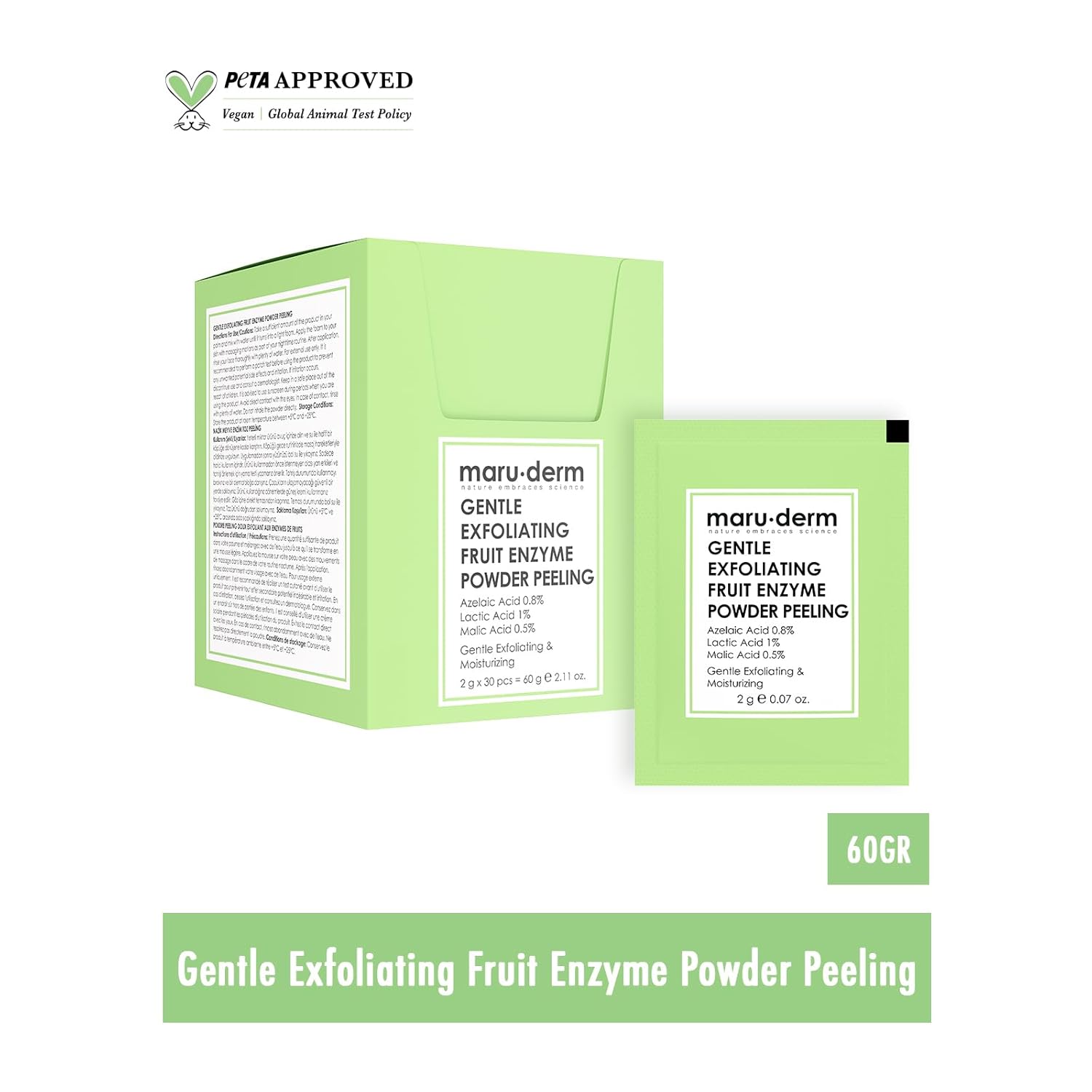 Maruderm AHA Fruit Enzyme Peeling Powder - Gentle Exfoliating Facial Scrub with Lactic Acid & Azelaic Acid - Helps Remove Dead Skin Cells & Smooth Skin Texture - 60g