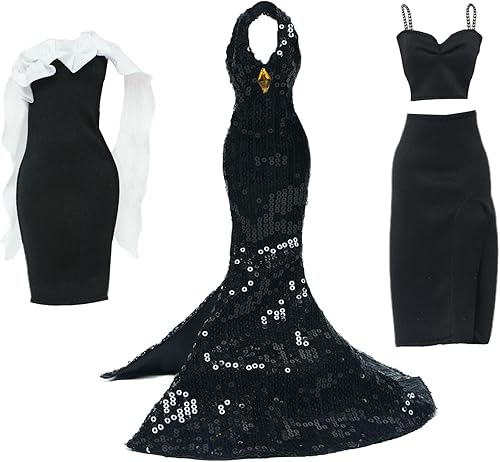 36 piezas de ropa y accesorios para muñecas, 1 vestido de novia negro de edición limitada, 2 vestidos largos de fiesta, 2 mini vestidos, 31 zapatos,