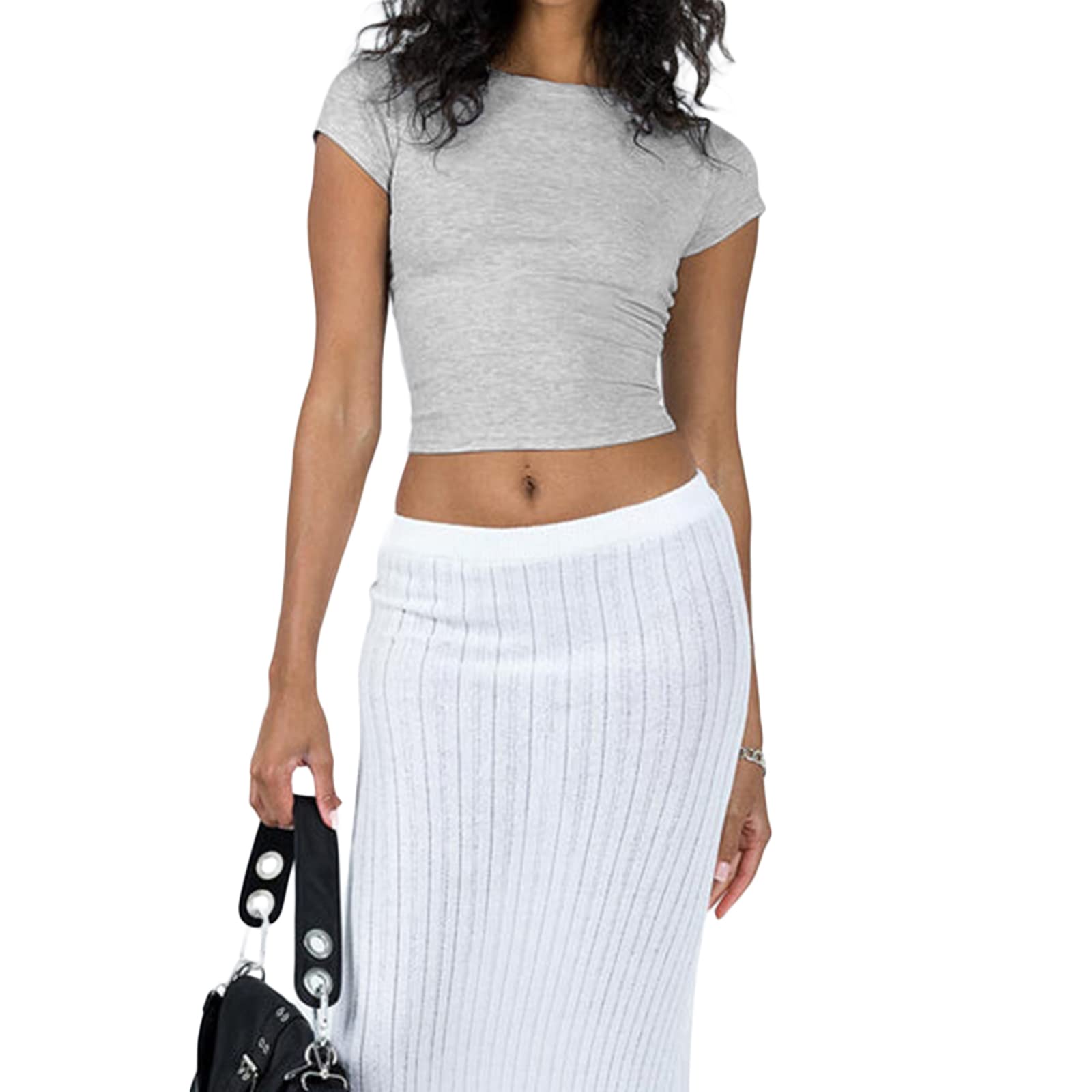 FanverekaWomens Basic T-Shirts Short Sleeve Crop Tops Summer Tops Slim Fit Cute Scoop Neck Tees Y2k Clothing