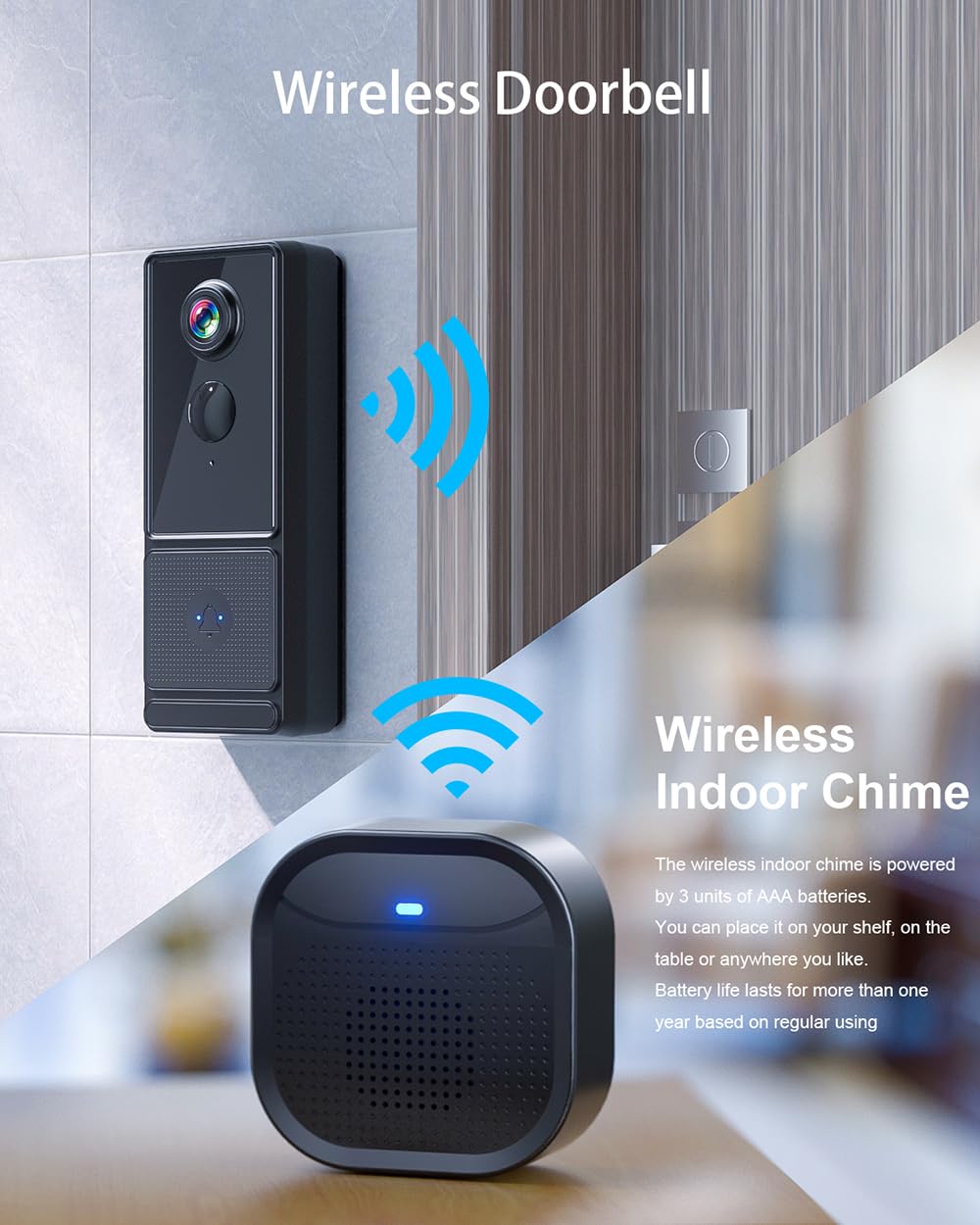 Campanello WiFi wireless esterno impermeabile 1080P IPX66 Campanello senza fili con telecamera Rilevazione Umana PIR Visione Notturna Prova di 7 giorni di archiviazione in cloud Supporta la scheda SD