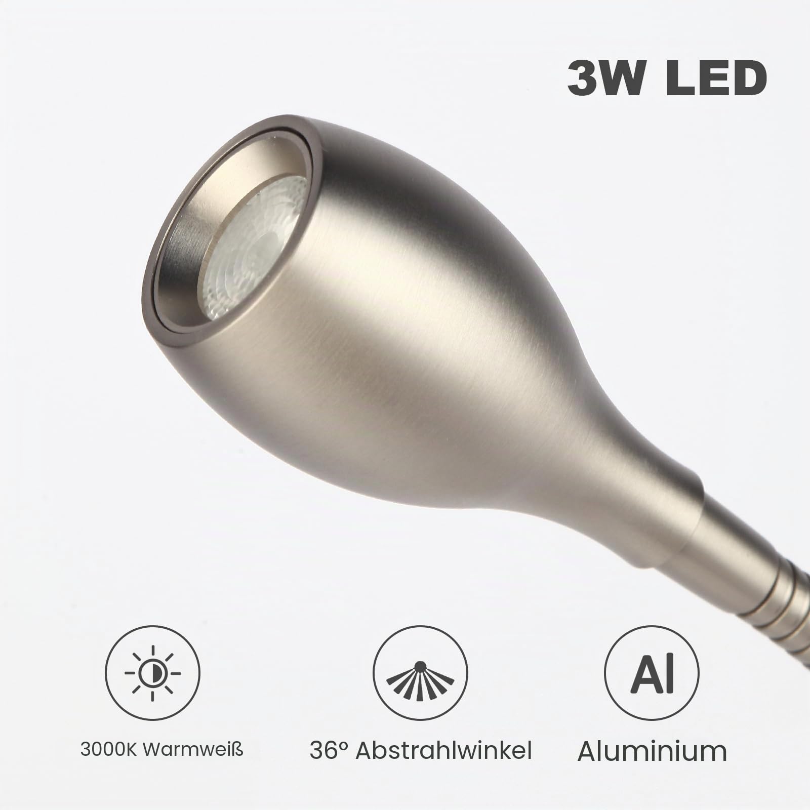 Meanyee Leselampe Wandlampe Nachttischlampe Schwanenhals mit Schalter / USB-Ladeanschluss / verstellbar / 3W 3000K / Finish Nickel gebürstet / MY-WN198N