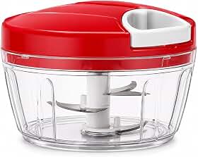 Mini Processador Manual 500ml Triturador Multifuncional 3 Lâminas Aço Inox Portátil Compacto para Picar Alho Cebola Tomate Legumes Verduras Ervas Temperos Cozinha Vermelho