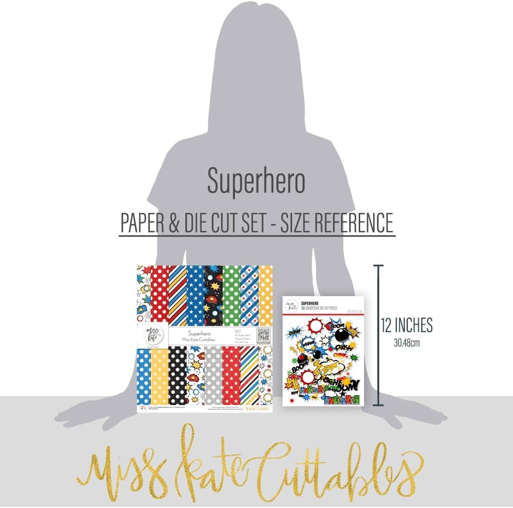 Die Cuts & Paper Set - Superhero - By Miss Kate Cuttables - 16 Single - Sided 12"x12" Premium Vellum Paper Sheets & OVER 60 Coordinating Die Cuts