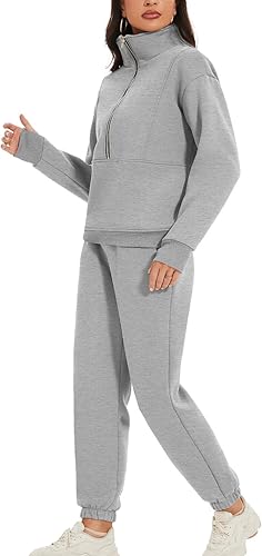 Miniatura 6 de PEHMEA Conjunto deportivo de dos piezas de forro polar para mujer con media cremallera y pantalones deportivos