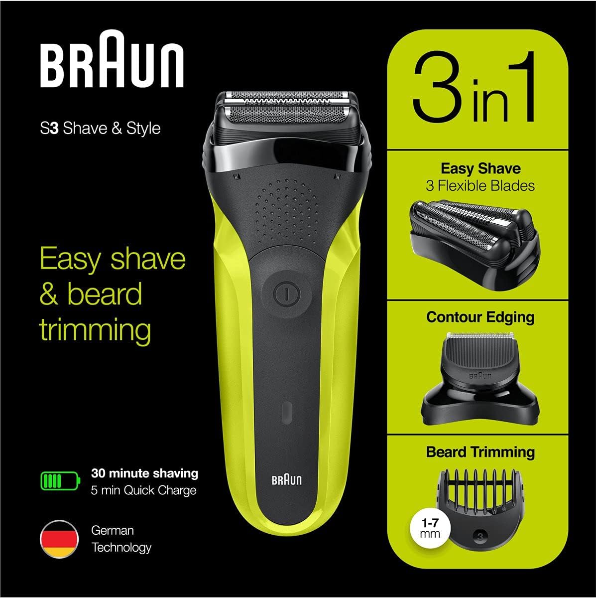 Infographic showing the 3-in-1 capabilities of the Braun S3 Shave & Style: Easy Shave with 3 Flexible Blades, Contour Edging, and Beard Trimming with 1-7mm combs.