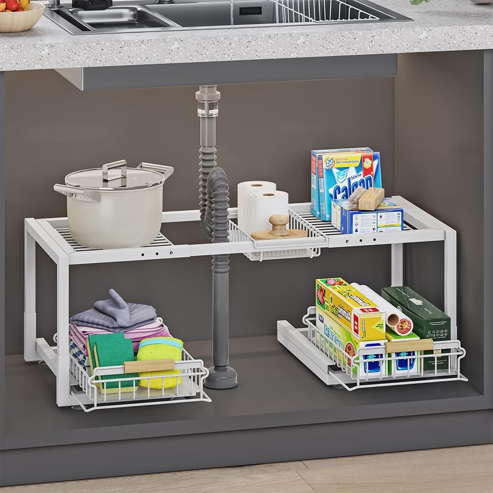 INGIORDAR Organizadores para debajo del fregadero, organizador extraíble de 2 niveles para debajo del gabinete, estante deslizante para fregadero, estantes de almacenamiento para cocina, baño (blanco