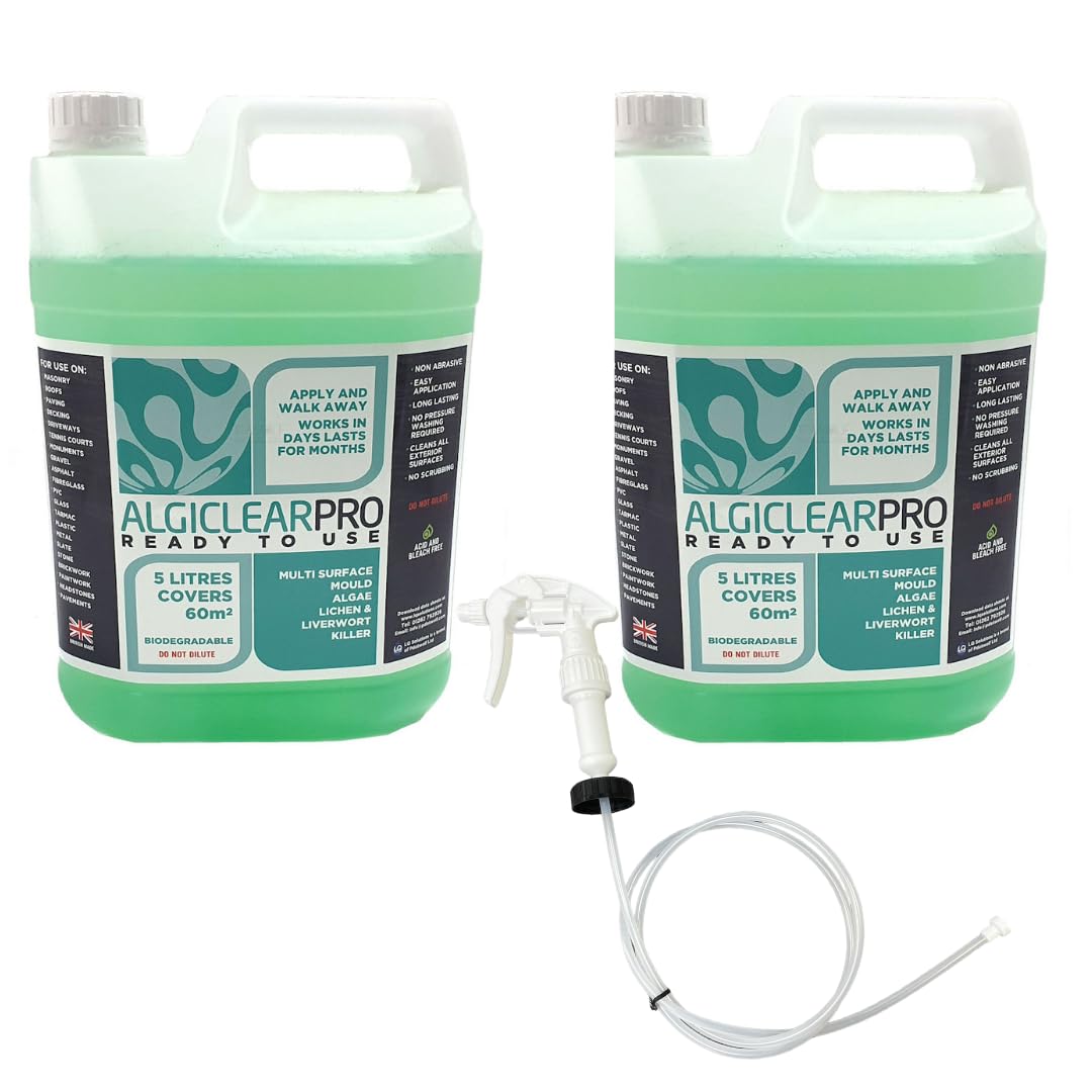 Algiclear Pro Ready To Use Algae Remover Patio Cleaner Fluid For Decking Cleaner Driveways Roof Cleaner Mould Remover Liverwort Lichen 10 Litres (2 x 5L) With Trigger Spray