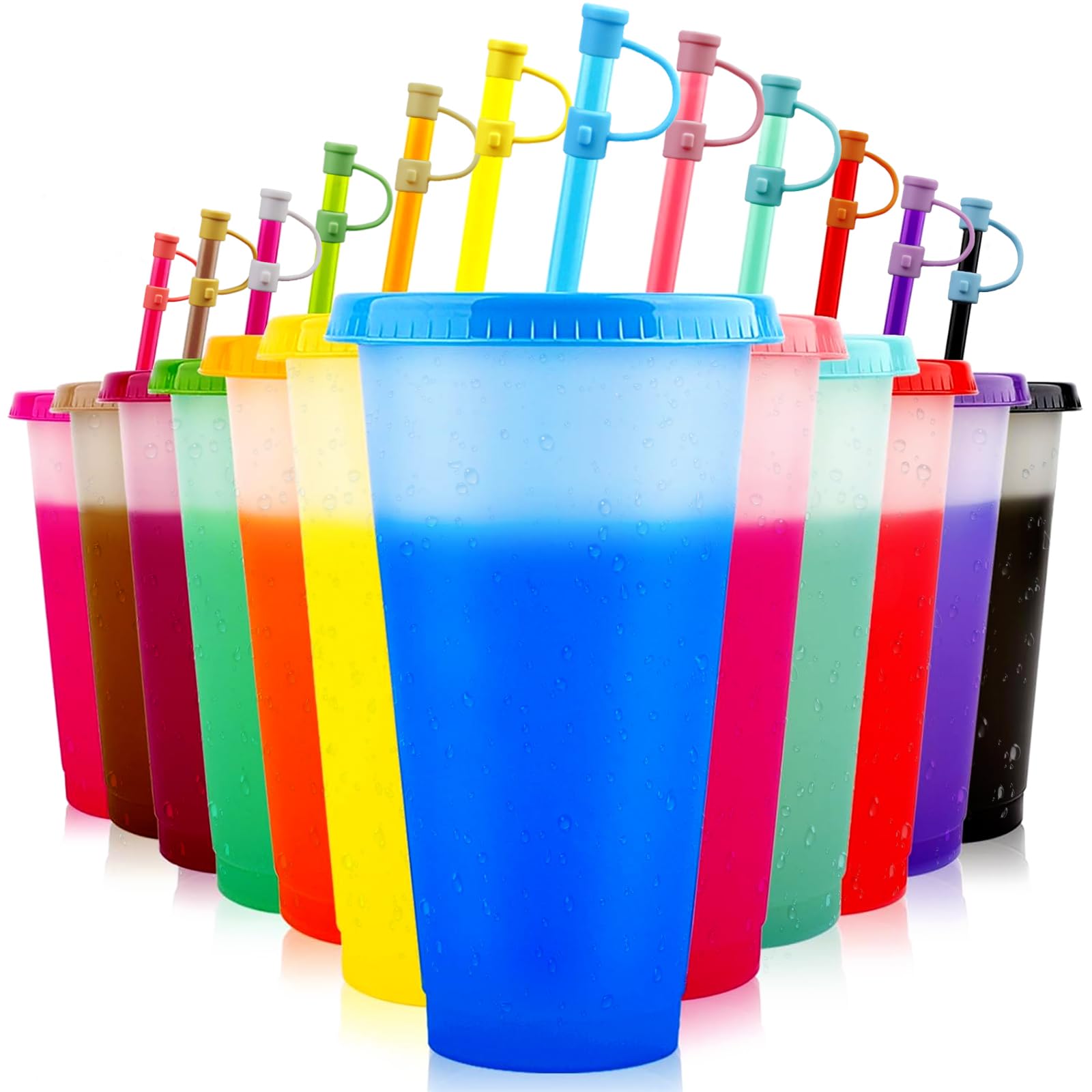 Photo 1 of EASEVE Color Changing Cups with Lids and Straws - 12 Packs 24 oz Reusable Plastic Tumblers with Lids and Straws for Adults Party, Bulk Tumblers for Iced Coffee Tea and Smoothie (with Straw Cover)