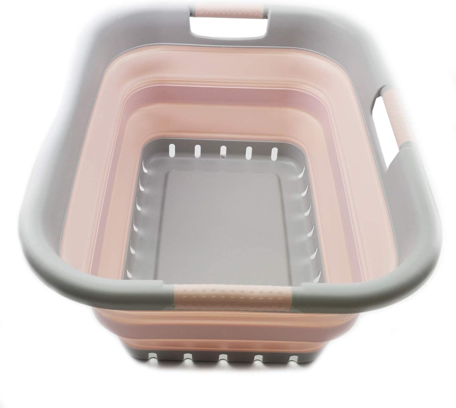 41L Collapsible Plastic Laundry Basket - Foldable Pop Up Storage Container/Organizer - Portable Basket - Space Saving Hamper/Basket (3 handled rectangular, Grey/Pink)