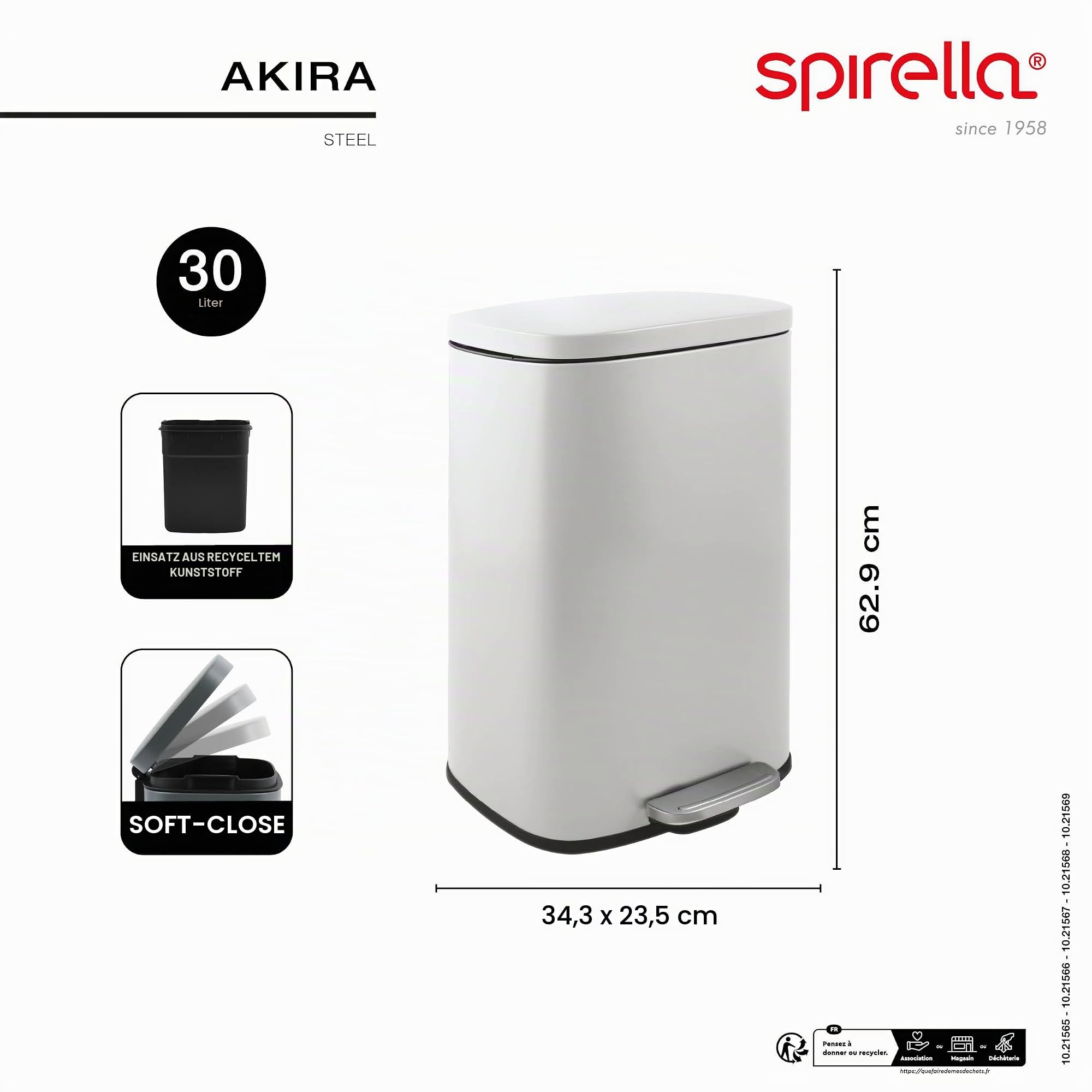 Spirella - Badezimmer Mülleimer mit Fußpedal Modell Akira - Hochwertiger Edelstahl - Leise Schließfunktion Easy-Close - Gebürstetes Metall - 30L - Badaccessoires