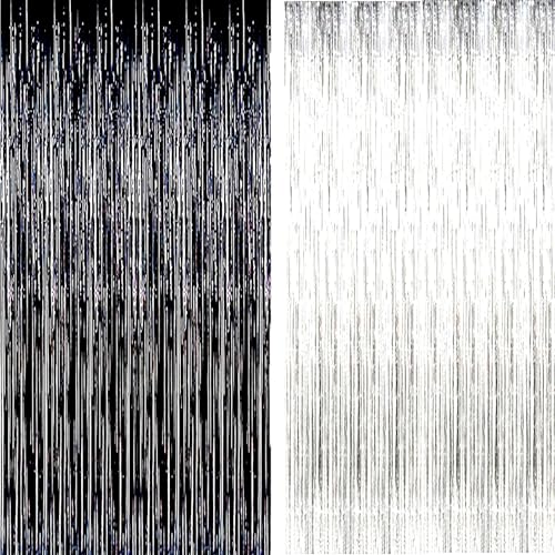 AILEXI Noir Argent Bande Fond 2pcs 92CM*245CM Rideau Frangé de Feuille pour La Décoration de Fête de Photo