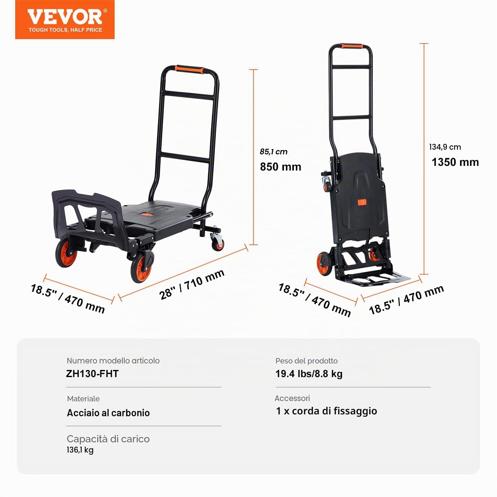 VEVOR Carrello a Mano Pieghevole in Alluminio, Carrello Portacarichi Max. 136kg, Piattaforma Ruote per Trasporto di Merci da Magazzino