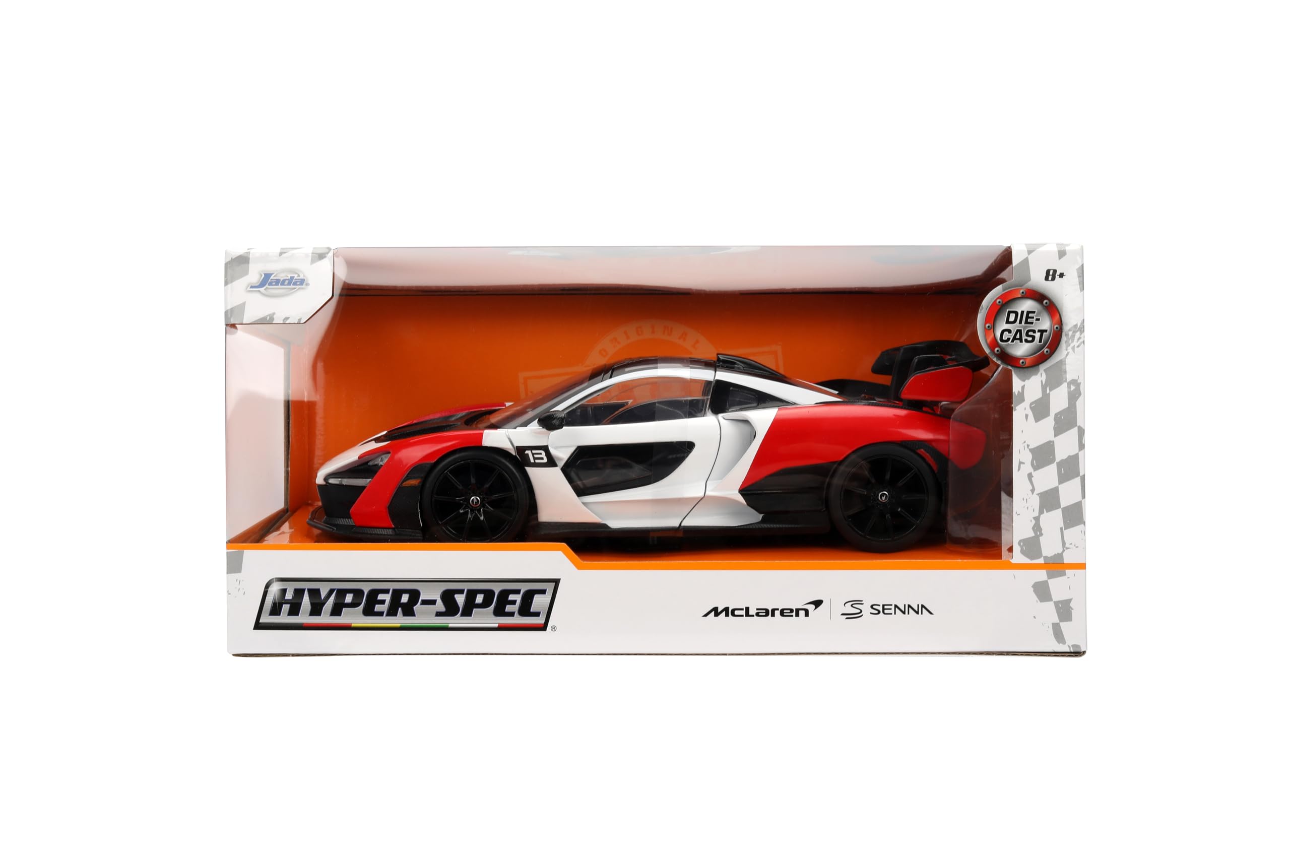 Jada Toys Hyper-Spec 1:24 McLaren Senna odlew samochodowy – otwierane drzwi, maska, bagażnik, gumowe opony (biały/czerwony/czarny)