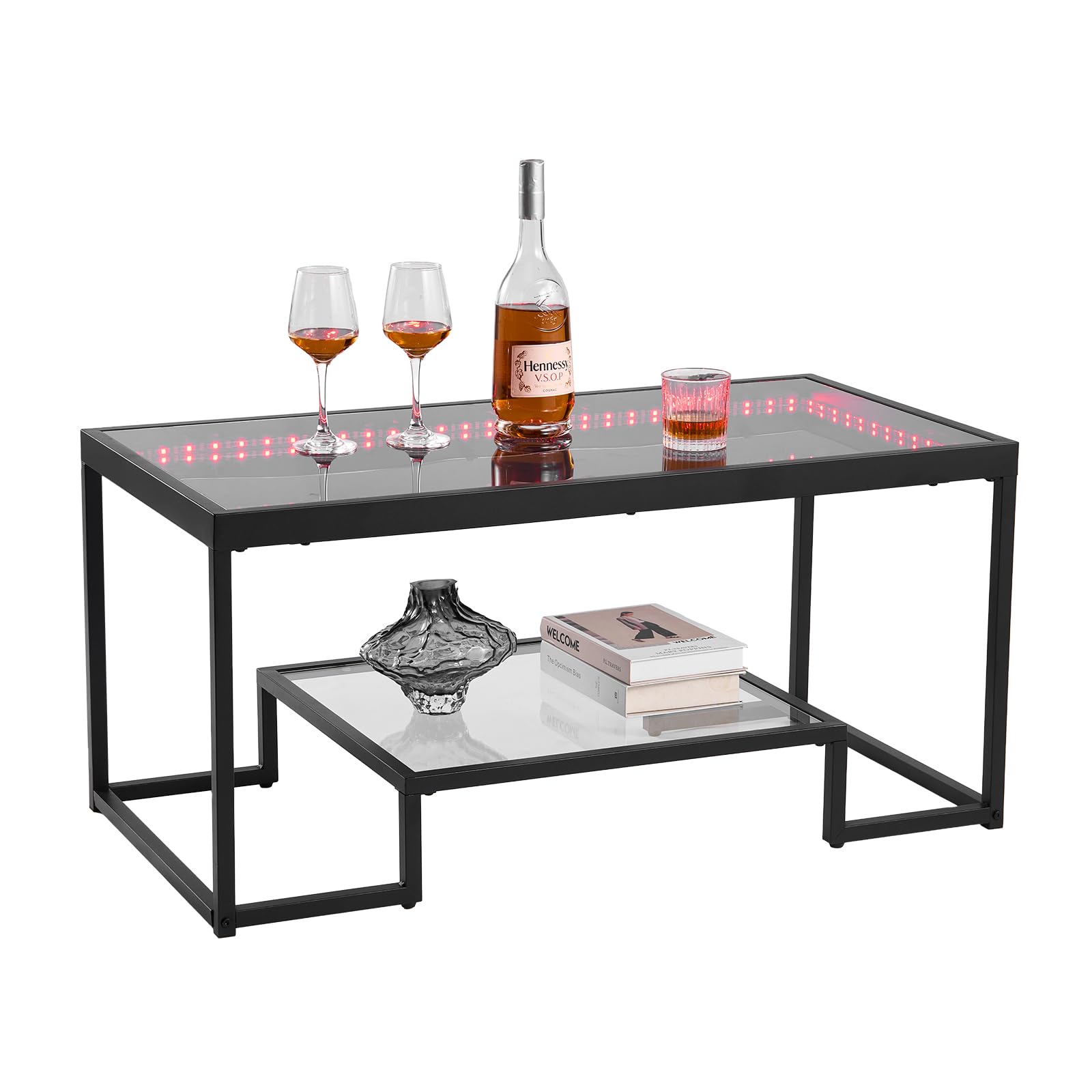 VEVOR Tavolino da Caffè da 100 x 51 x 48 cm in Vetro e Metallo Temperato con Illuminazione, Tavolo Rettangolare con Due Livelli e Spazio di Archiviazione Aperto, per Soggiorno Ufficio Nero