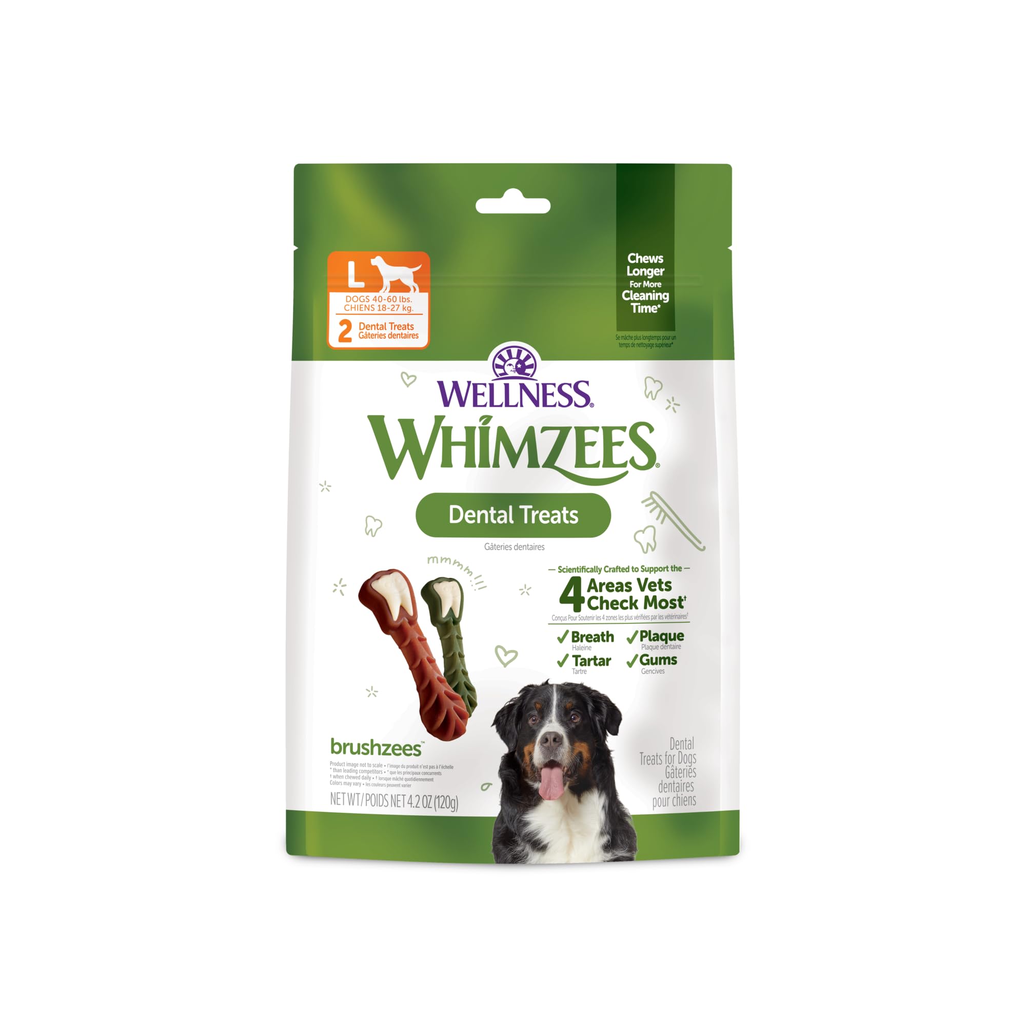 Wellness WHIMZEES Brushzees Natural Dog Dental Treat, VOHC Accepted Chews, Freshens Breath, Large Size, 4.2 oz Bag, 2 Count