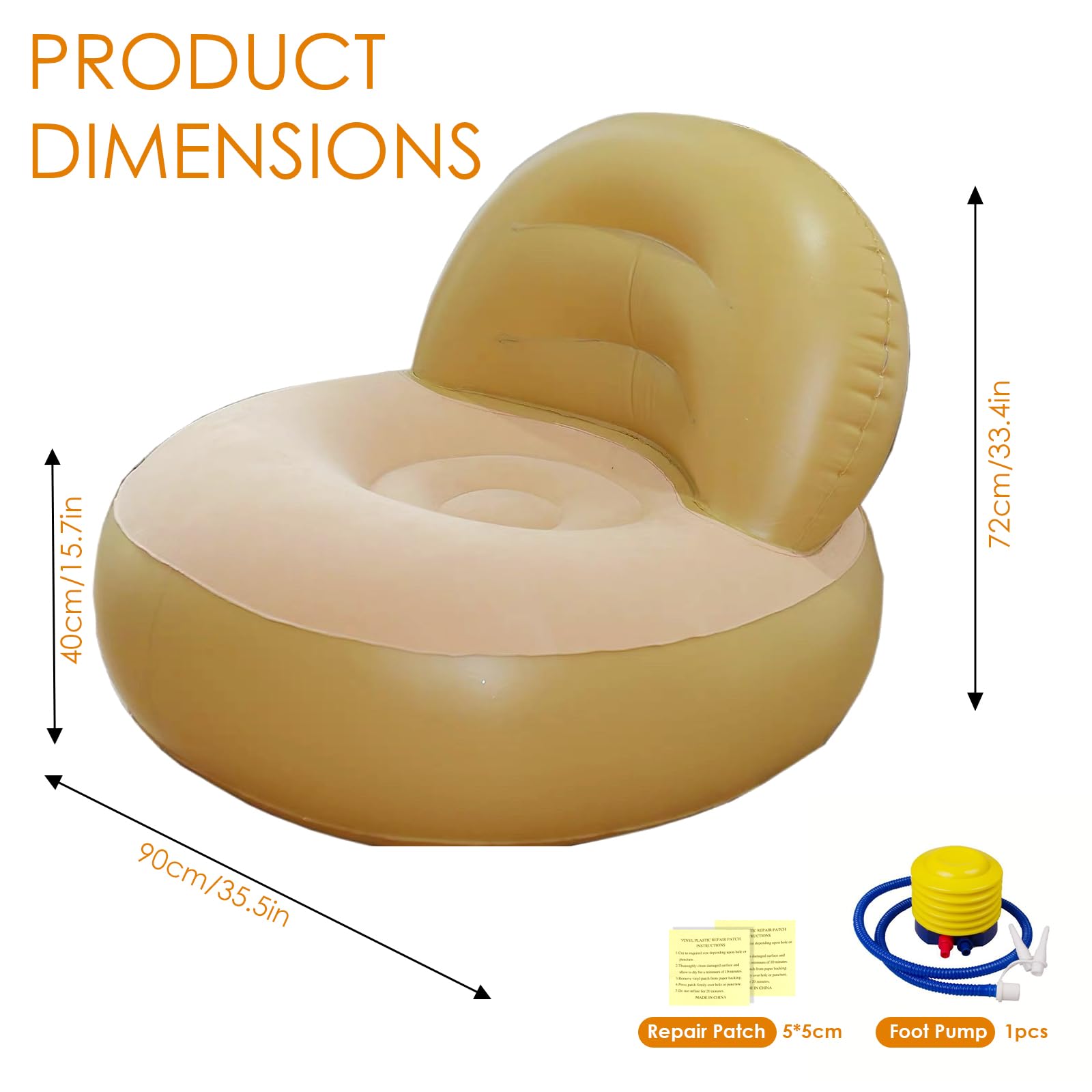 Sofá de Aire, Sillón Hinchable Portátil con Flocado, Tumbona Inflable con Reposapiés, Puf Exterior, Sillón de Piscina, Airlounge, para Camping, Hogar(Cúrcuma) | Sillón inflable