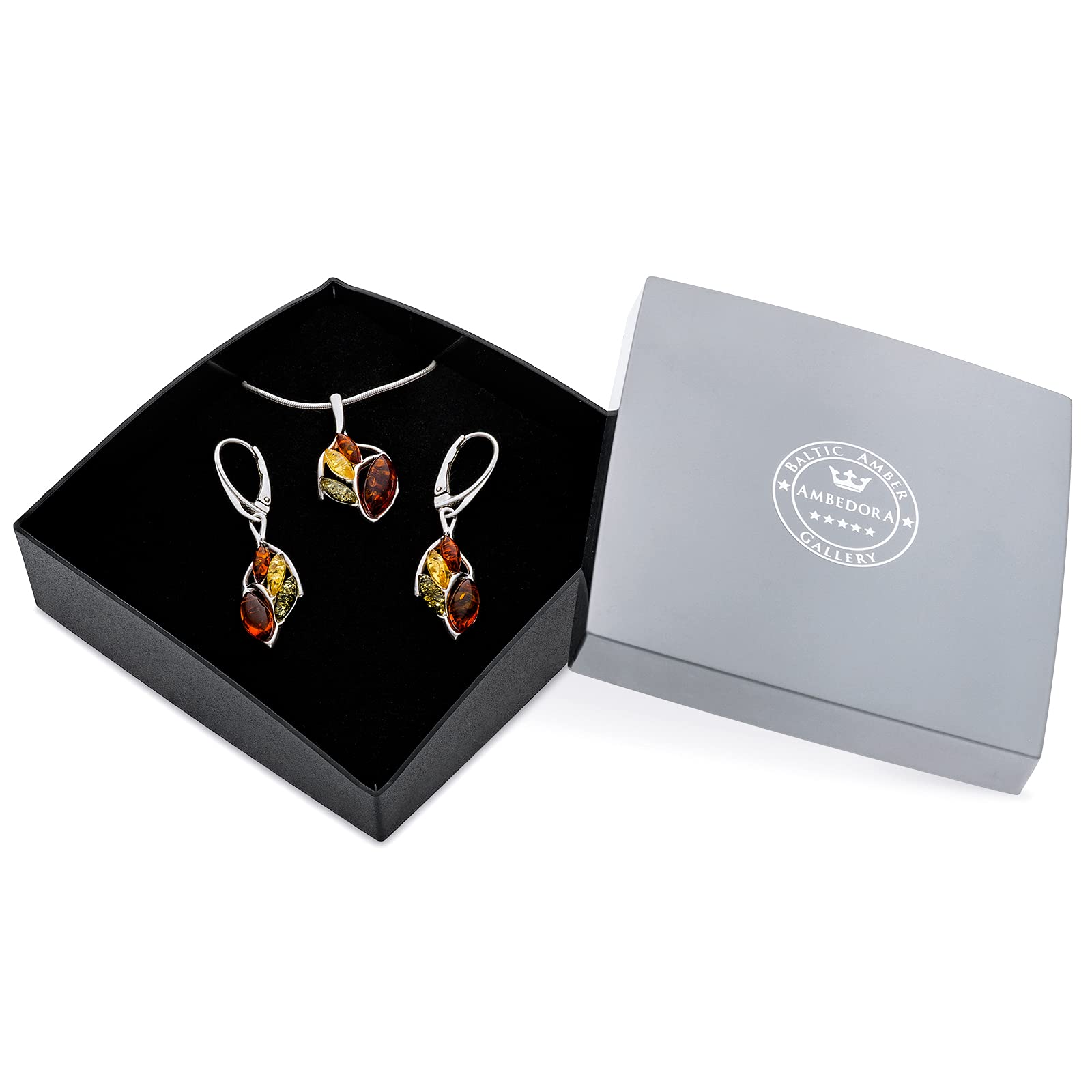 Set Sabine da donna in argento 925 lucido, ambra baltica colorata, pendente e orecchini con catena a serpente, set regalo