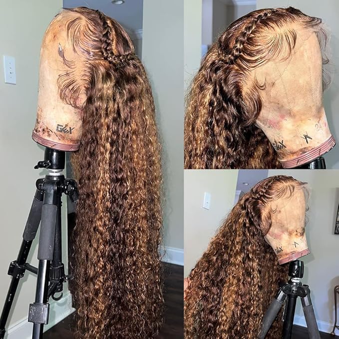 360 Deep Wave Lace Front Wigs Human Hair 220% Density Honey Blonde Drawstring Deep Curly Human Hair wig Ombre 4/27 Highlight Lace Front Wigs Pre Plucked Wet And Wavy Water Wave Wig for Women 26 Inch