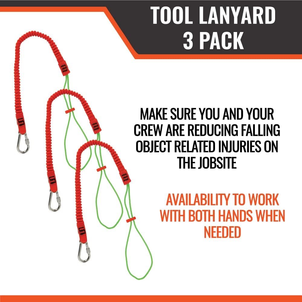 Malta Dynamics Tool Tether Lanyard with Carabiner Attachment, 53" Expansion, Adjustable Loop End