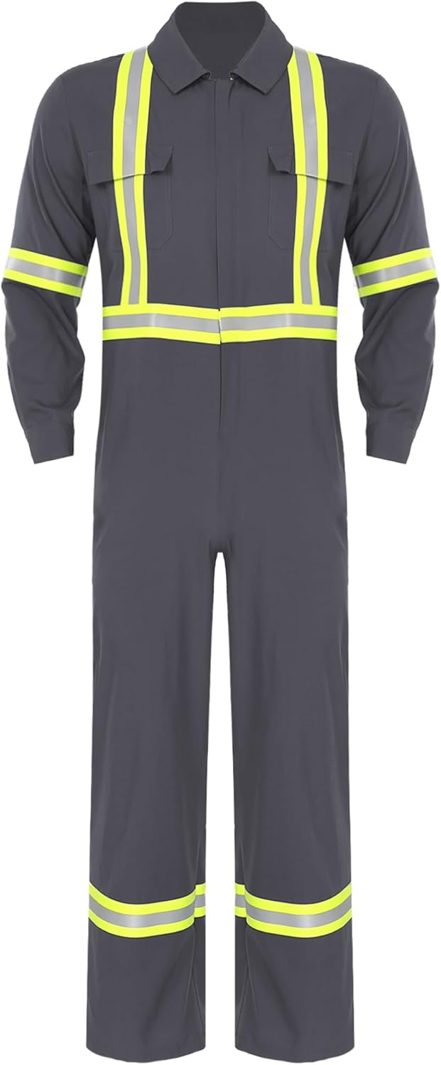 TiaoBug Men's Work Overalls Safety Reflective Coverall Jumpsuit One Piece Zipper Mechanics Uniform