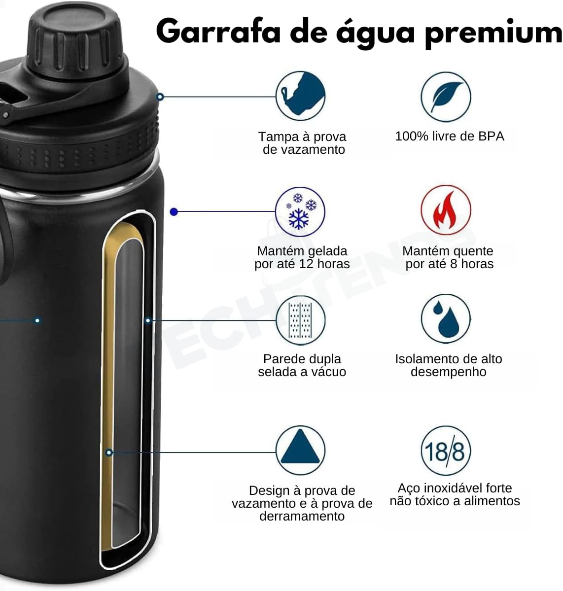 Garrafa De Água Térmica Inox 800ml Parede Dupla com Isolamento a Vácuo Quente e Frio, Antivazamento, Alça e Infusor Ideal para Academia, Caminhada, Escritório, Esportes (Preto) Garrafa De Água Térmica Inox 800ml Parede Dupla com Isolamento a Vácuo Quente e Frio, Antivazamento, Alça e Infusor Ideal para Academia, Caminhada, Escritório, Esportes (Preto)