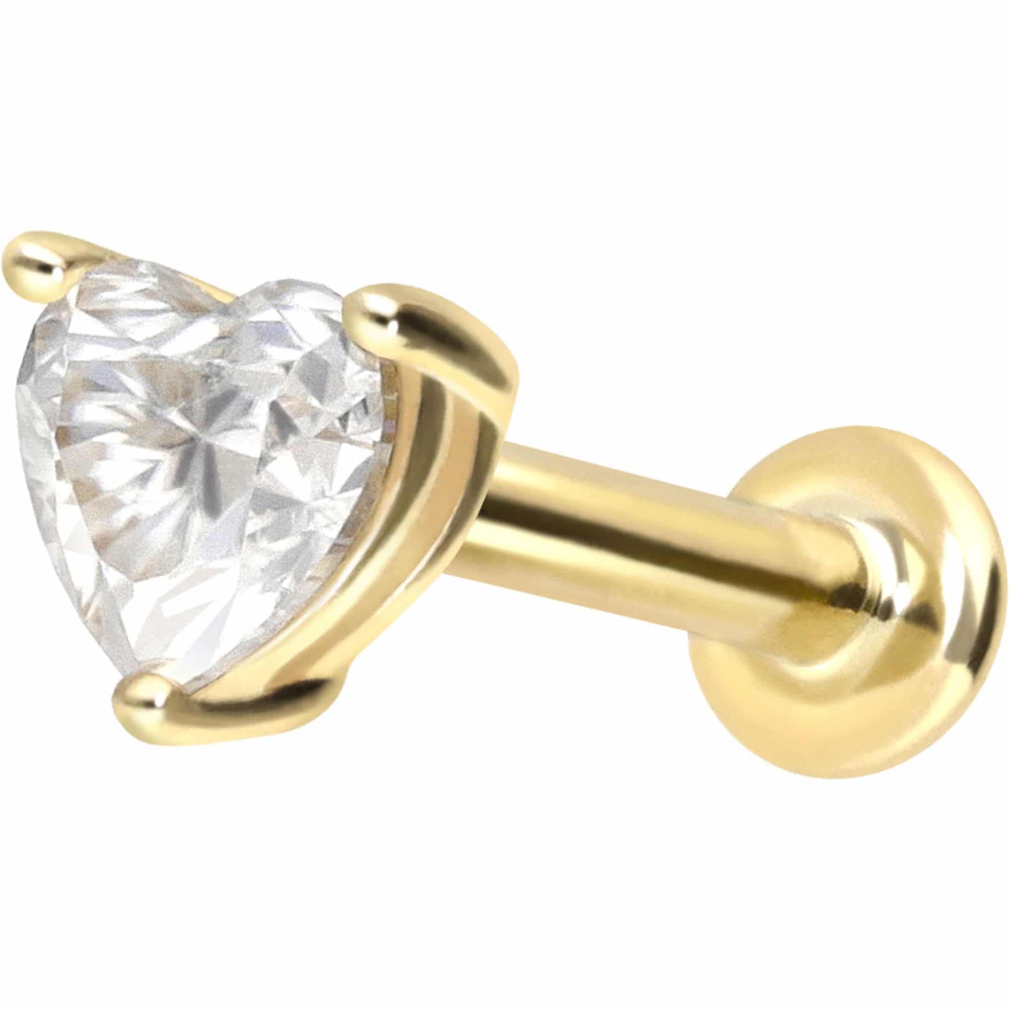 PIERCINGLINE Piercing Stecker 14 Gold Labret mit Push Fit MOISSANIT-HERZ 585er Gold - Roségoldfarben, Goldfarben, Silberfarben