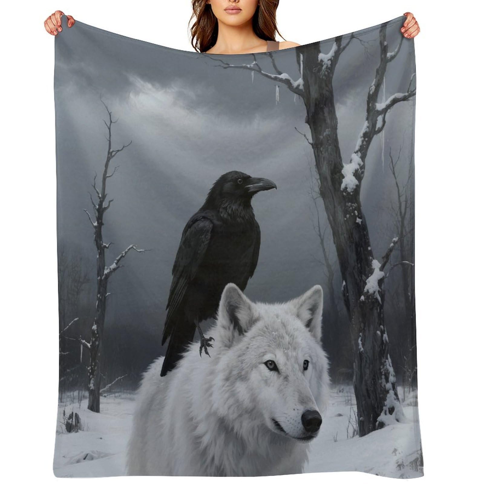 Crow and White Wolf Throw Blanket for Couch and Bed Super Soft Warm Lightweight Throw Blankets Cozy Fuzzy Flannel Blanket Personalized Decorative Blankets for Sofa Decor 50"x60"