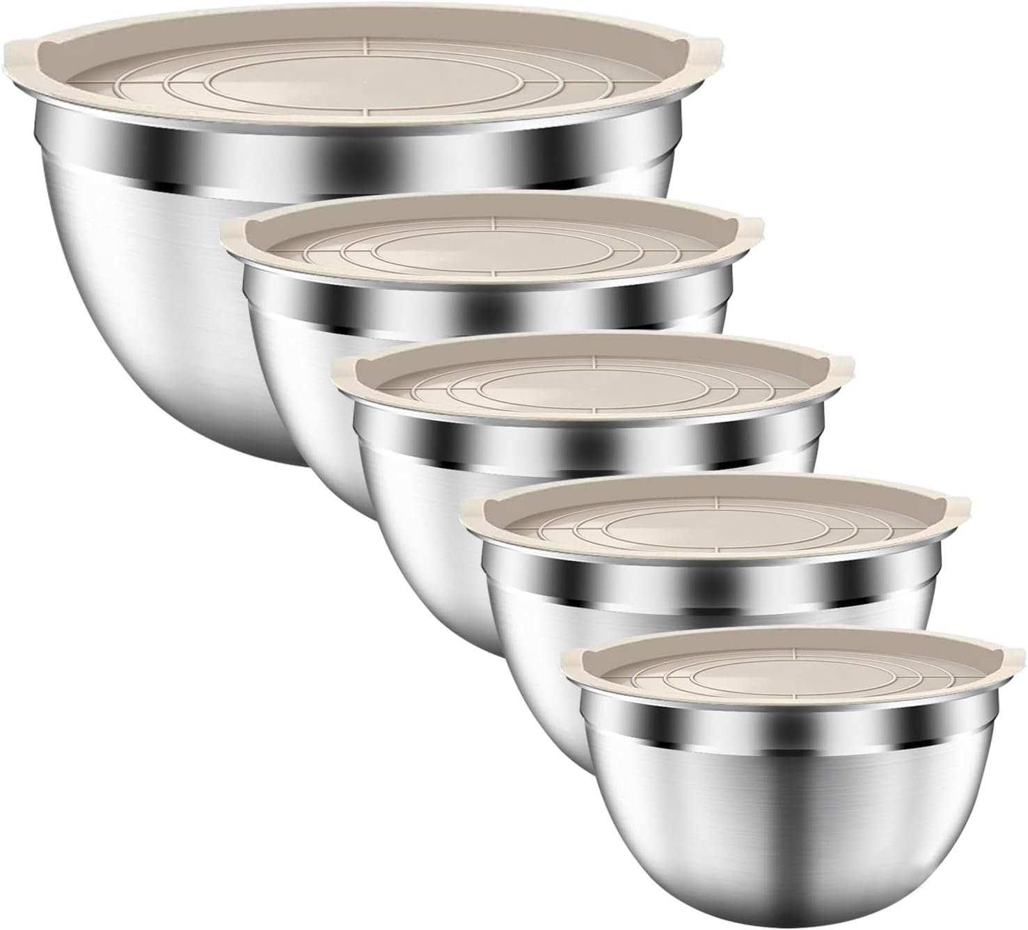 Mixing Bowls with Airtight Lids Set, 5 PCS Stainless Steel Khaki Nesting Bowls for Kitchen, Large Prep Metal Mixing Bowls for Kitchen, 5.5/4/3.5/2/1.5 QT for Mixing & Serving
