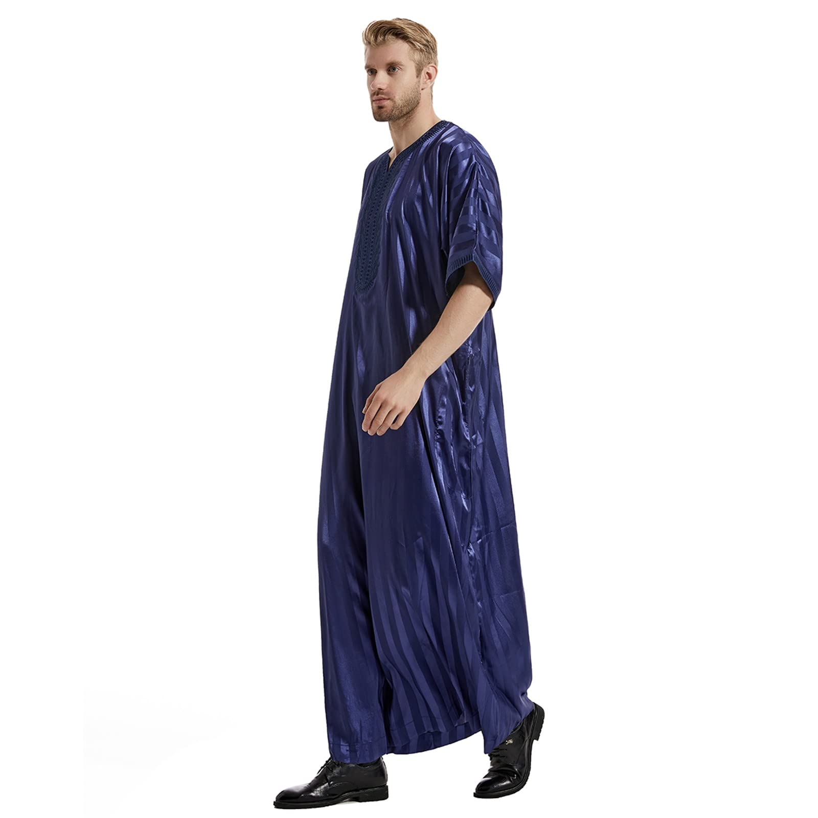 Vestaglia da uomo araba islamica casual musulmana a righe medie manica ricamata per preghiera Eid