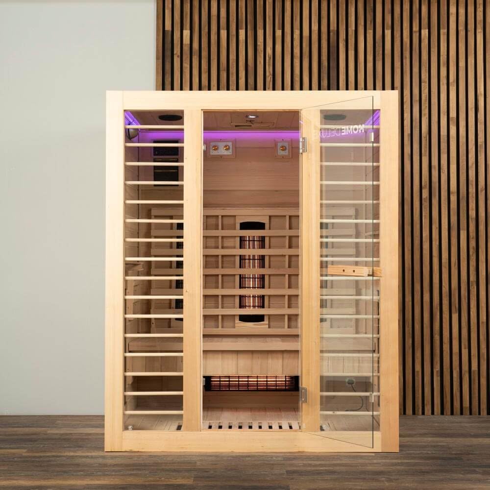 Home Deluxe – Infrarotkabine REDSUN L Deluxe - 153 x 110 x 190 cm - für 3 Personen, 6 Vollspektrumstrahler, Holz: Hemlocktanne I Infrarotsauna, Sauna, Wärmekabine, Infrarot