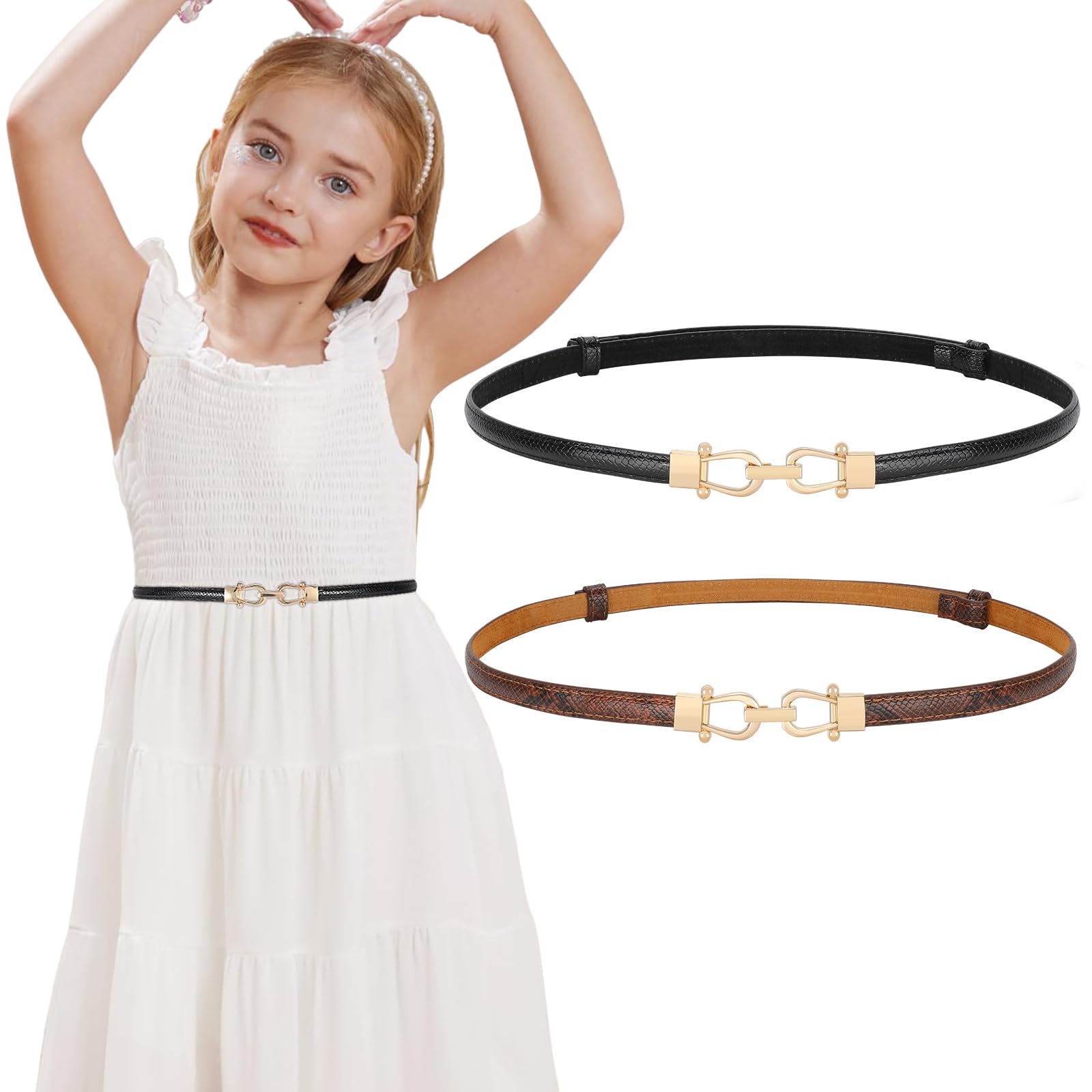 WOWOGO Leather Skinny Girl Belt for Dress Adjustable Thin Waist Belt with Golden Buckle 2 Pack