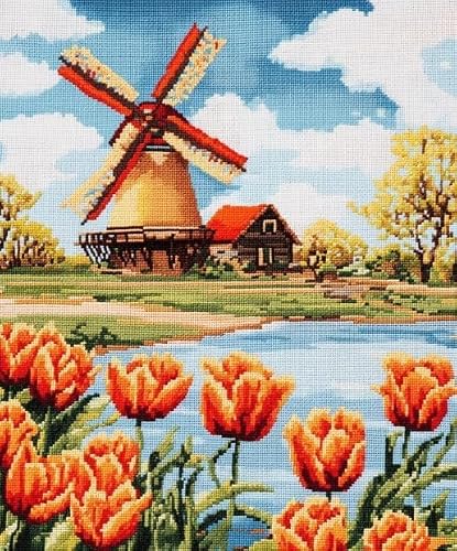 NAHUIGOOD Cross Stitch Kits 11 Count Stamped,Colorful Printed Easy Pattern Needlepoint Kits Embroidery Crafts for Adults Beginners Gift，European Windmills11Ct50X70Cm