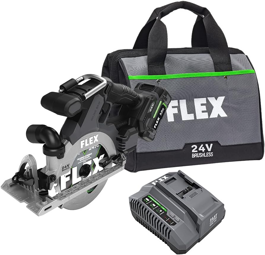 FLEX 24V Brushless Cordless 6-1/2-Inch In-Line Circular Saw Kit with 5.0Ah Lithium Battery and 160W Fast Charger - FX2131A-1C