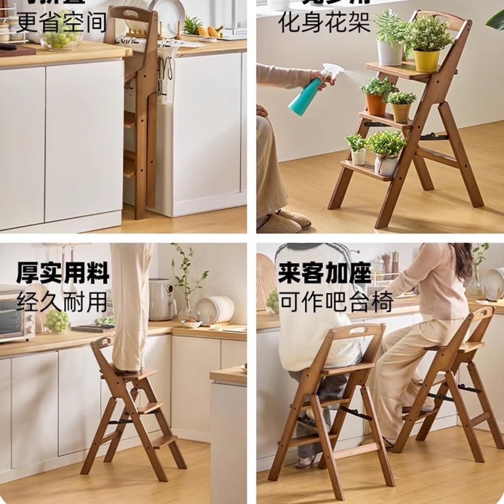 Step Ladder 3 Tier Folding Step Stool,Multi 3-in-1 Bamboo Step Ladder Lightweight Portable,Wooden Step Stool Saving Space for Kitchen and Office