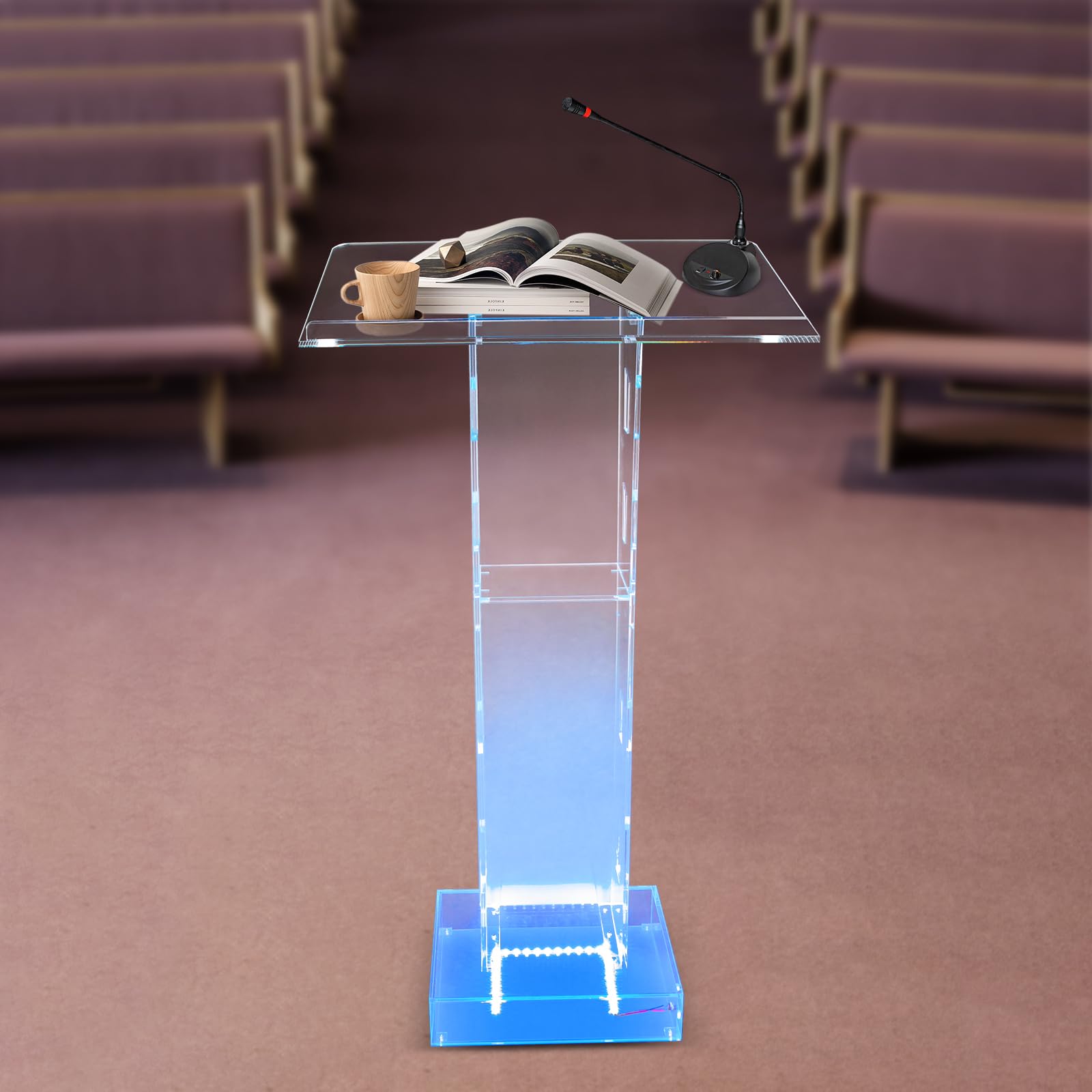 Podium en verre acrylique transparent de 103 cm de haut - Pupitre LED en verre acrylique
